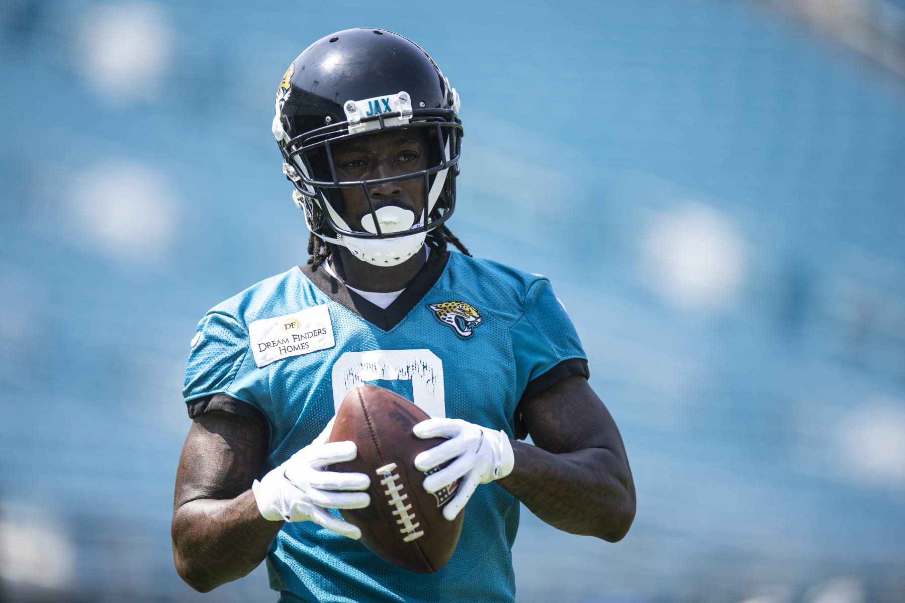 JACKSONVILLE, FLORIDA - MAY 30: Calvin Ridley #0 of the Jacksonville Jaguars looks on during an offseason workout on May 30, 2023 at TIAA Bank field in Jacksonville, Florida. (Photo by James Gilbert/Getty Images)
