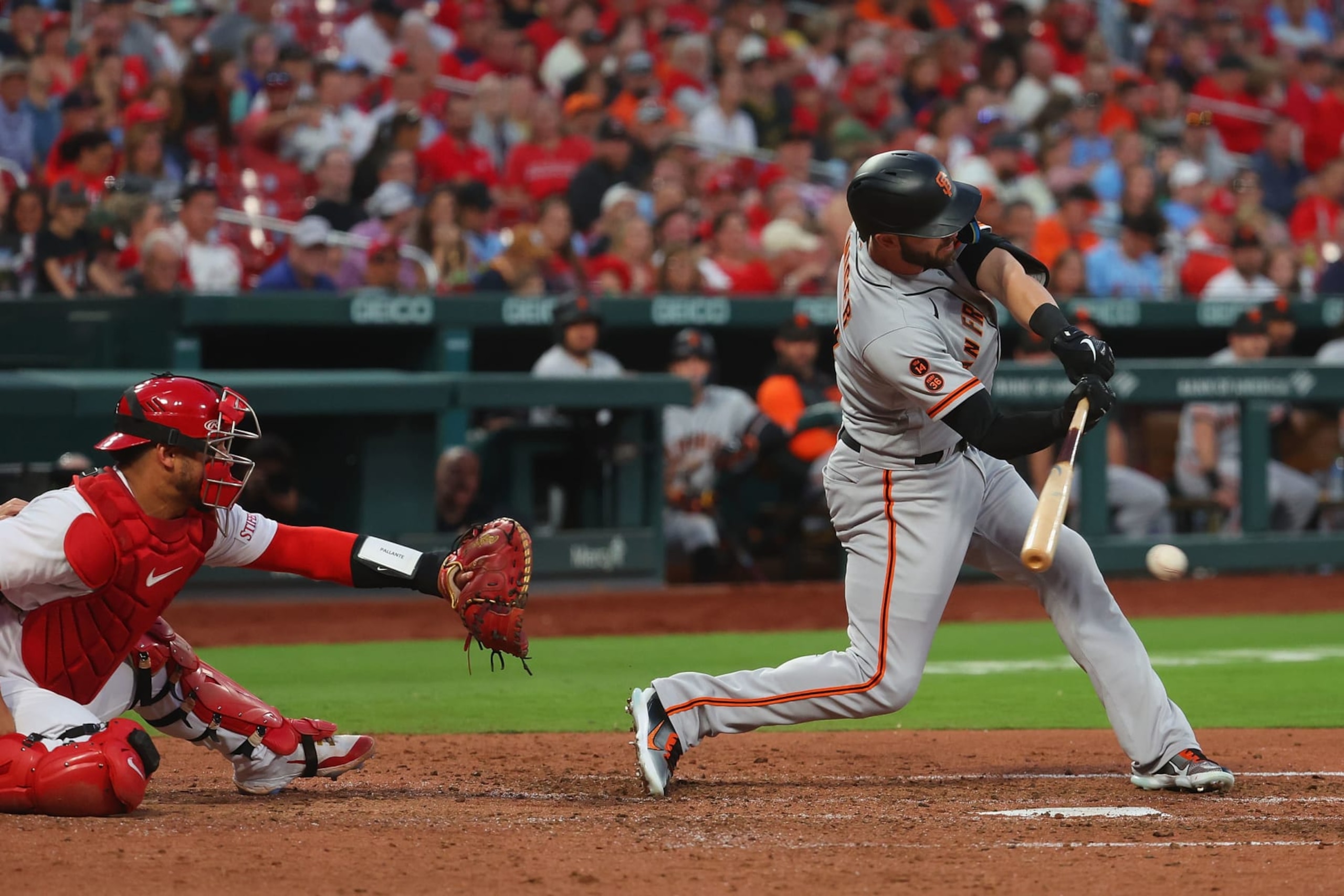 ST LOUIS, MISSOURI - JUNE 12: Mitch Haniger #17 of the San Francisco Giants drives in a run with a single in the seventh inning against the St. Louis Cardinals at Busch Stadium on June 12, 2023 in St Louis, Missouri. (Photo by Dilip Vishwanat/Getty Images)