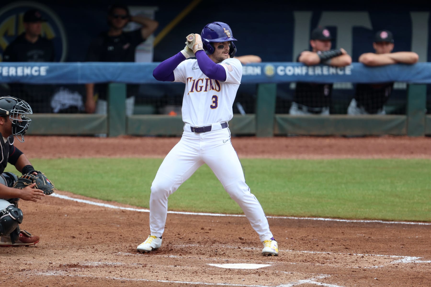 HOOVER, AL - MAY 24: LSU Tigers outfielder Dylan Crews (3) during the 2023 SEC Baseball Tournament game between the South Carolina Gamecocks and the LSU Tigers on May 24, 2023 at Hoover Metropolitan Stadium in Hoover, Alabama.  (Photo by Michael Wade/Icon Sportswire via Getty Images)