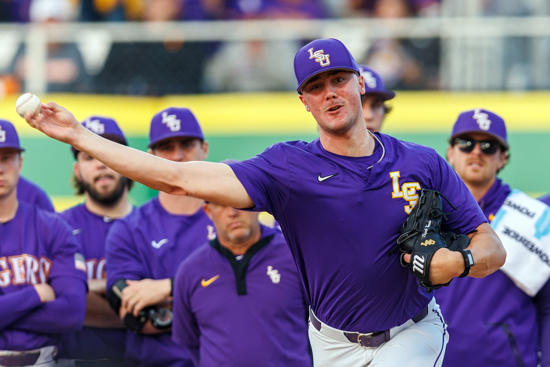 BATON ROUGE, LA- MARCH 30: LSU Tigers right handed pitcher Paul Skenes (20) warms up before a game between the LSU Tigers and the Tennessee Volunteers at Alex Box Stadium, in Baton Rouge, Louisiana on March 30, 2023. (Photo by John Korduner for The Washington Post via Getty Images)