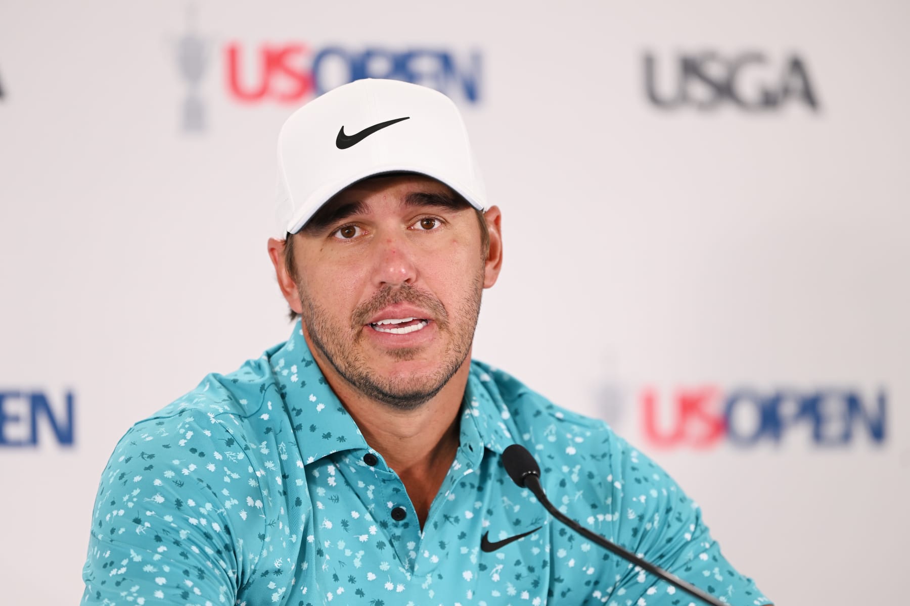 LOS ANGELES, CALIFORNIA - JUNE 13: Brooks Koepka of the United States speaks to the media during a press conference prior to the 123rd U.S. Open Championship at The Los Angeles Country Club on June 13, 2023 in Los Angeles, California. (Photo by Ross Kinnaird/Getty Images)