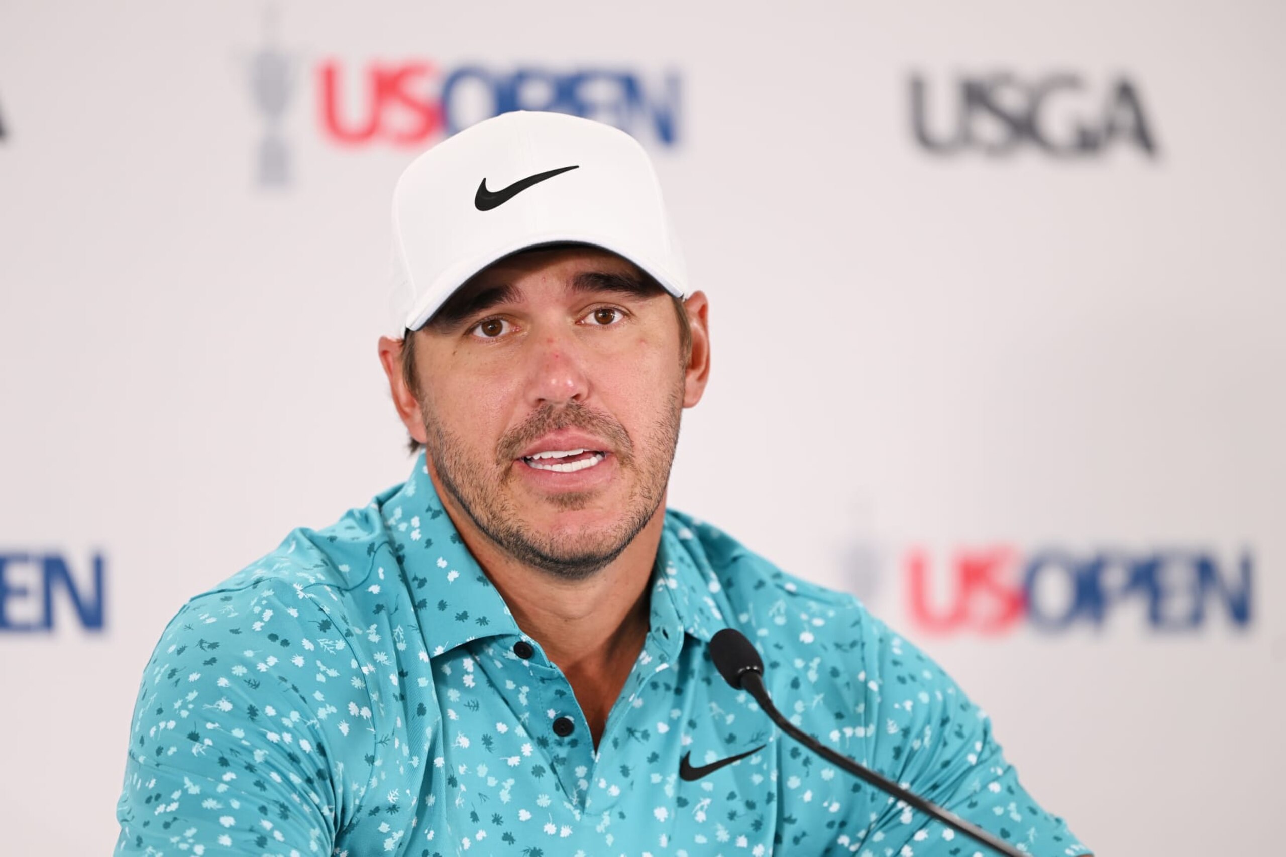 LOS ANGELES, CALIFORNIA - JUNE 13: Brooks Koepka of the United States speaks to the media during a press conference prior to the 123rd U.S. Open Championship at The Los Angeles Country Club on June 13, 2023 in Los Angeles, California. (Photo by Ross Kinnaird/Getty Images)