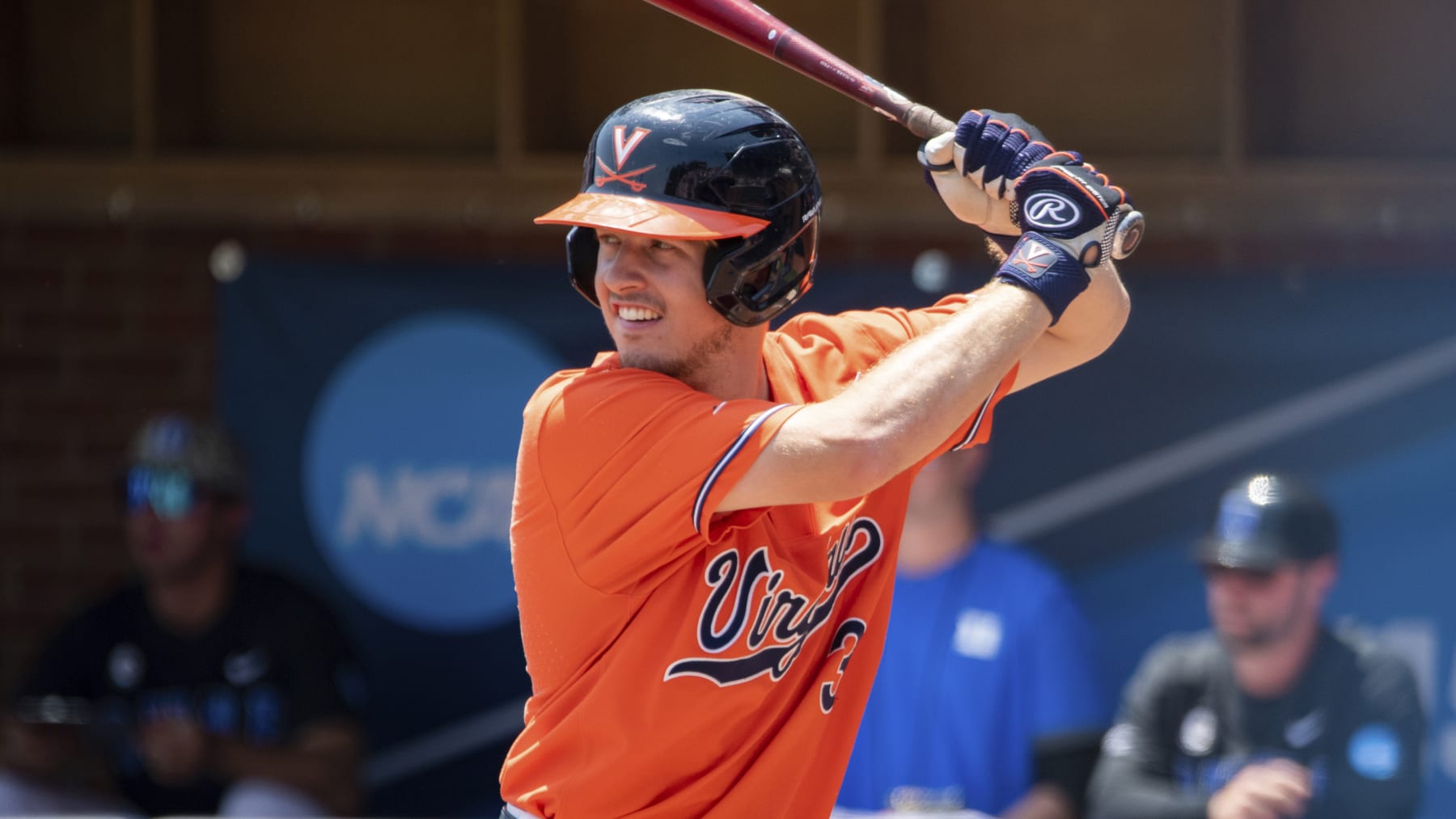 Virginia catcher Kyle Teel (3) goes up to bat during an NCAA baseball game on Saturday, June 10, 2023 in Charlottesville, Va. (AP Photo/Mike Caudill)