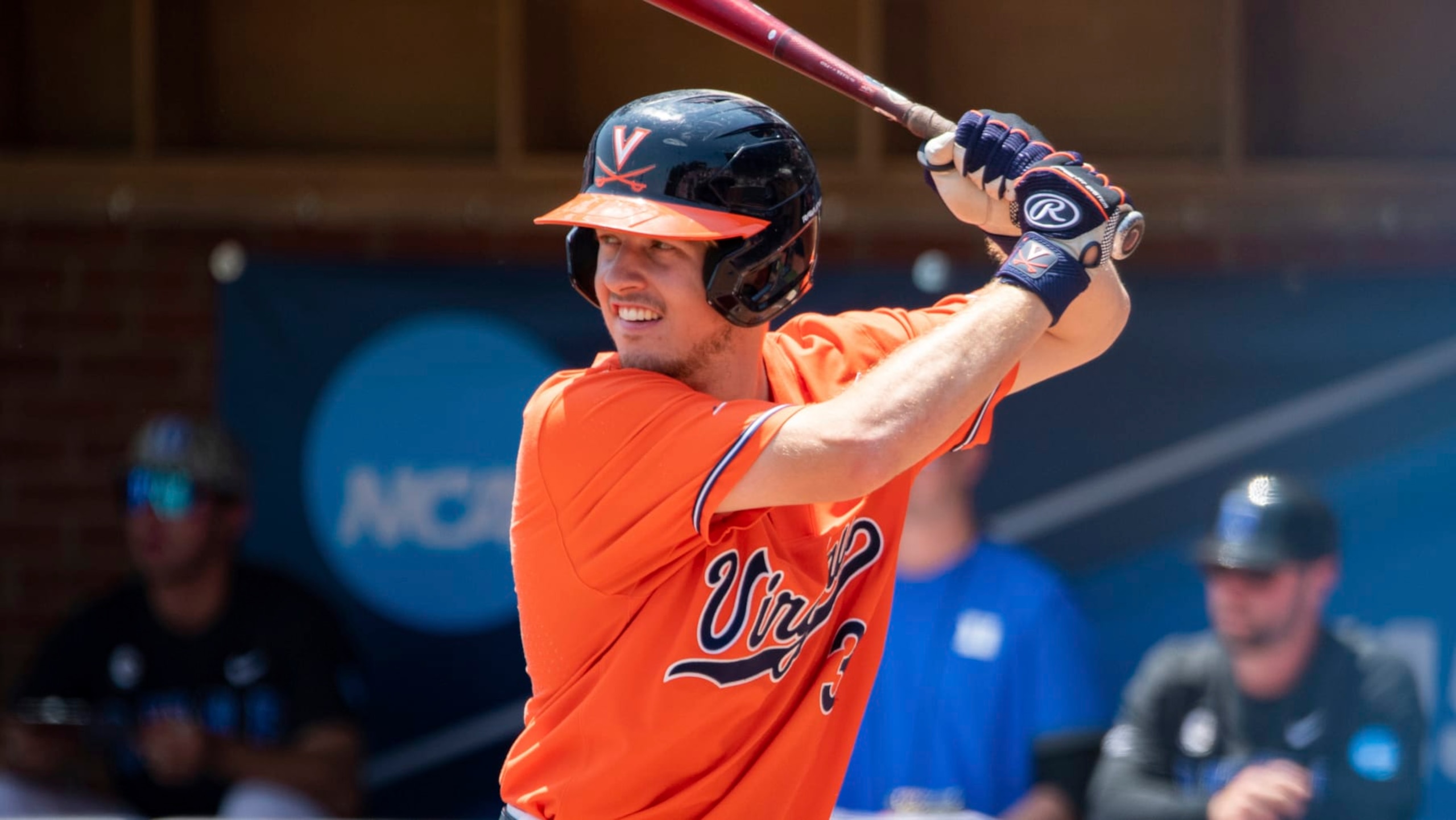 Virginia catcher Kyle Teel (3) goes up to bat during an NCAA baseball game on Saturday, June 10, 2023 in Charlottesville, Va. (AP Photo/Mike Caudill)