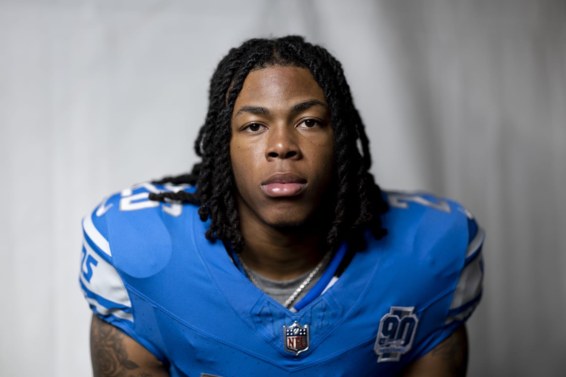 LOS ANGELES, CALIFORNIA - MAY 20: Jahmyr Gibbs #26 of the Detroit Lions poses for a portrait during the NFLPA Rookie Premiere on May 20, 2023 in Los Angeles, California. (Photo by Michael Owens/Getty Images)