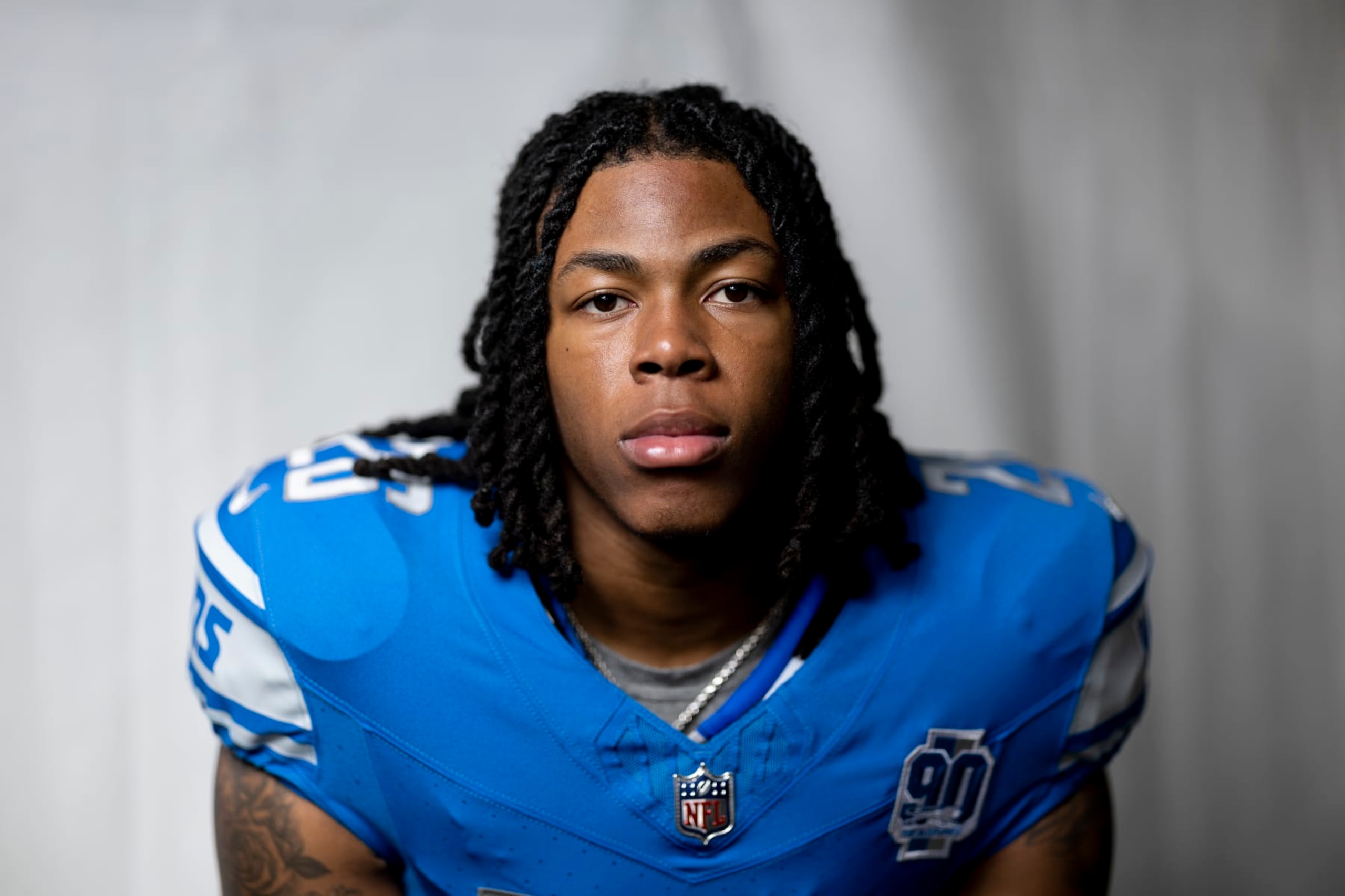 LOS ANGELES, CALIFORNIA - MAY 20: Jahmyr Gibbs #26 of the Detroit Lions poses for a portrait during the NFLPA Rookie Premiere on May 20, 2023 in Los Angeles, California. (Photo by Michael Owens/Getty Images)