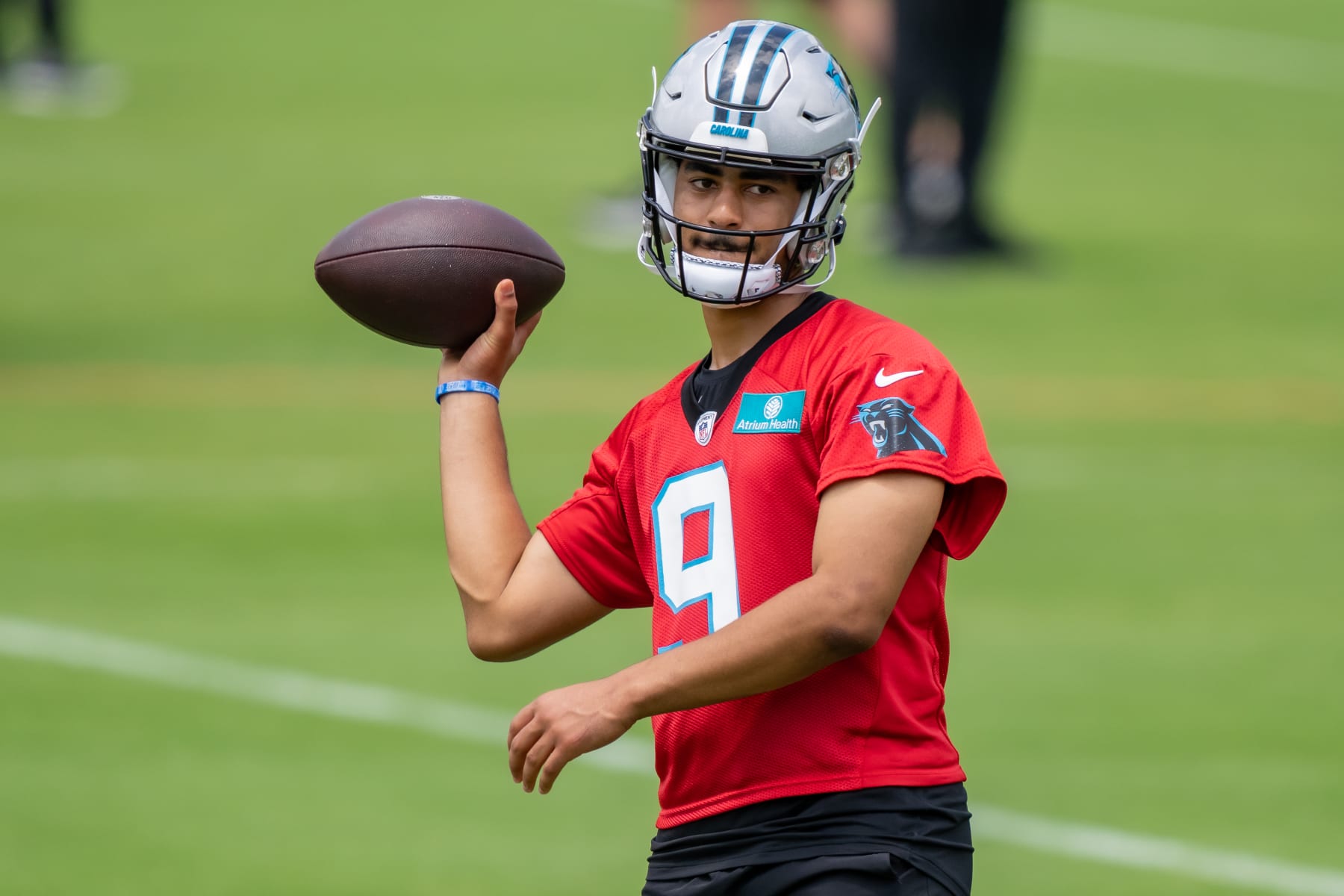 CHARLOTTE, NORTH CAROLINA - MAY 13: Bryce Young #9 of the Carolina Panthers works through a drill during practice at Bank of America Stadium on May 13, 2023 in Charlotte, North Carolina. (Photo by Jacob Kupferman/Getty Images)