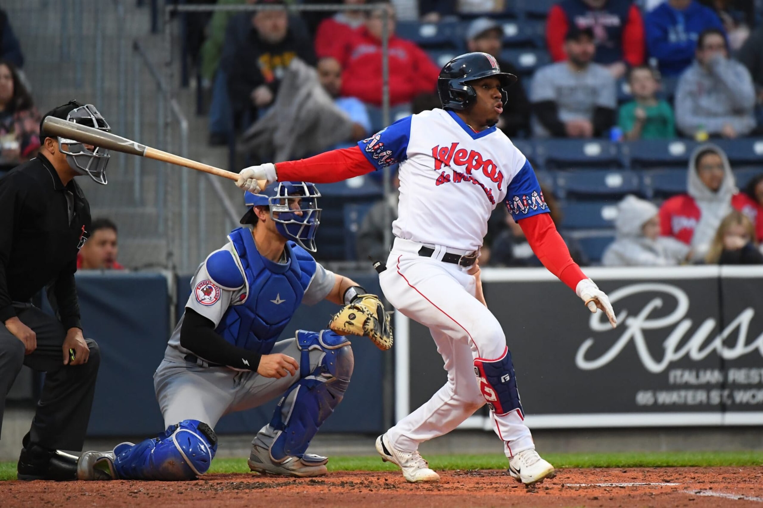 WORCESTER, MA - MAY 05: Worcester Red Sox infielder David Hamilton (5) takes an at bat during a AAA MiLB game between the Buffalo Bisons and the Worcester Red Sox on May 5, 2023, at Polar Park in Worcester, MA. (Photo by Erica Denhoff/Icon Sportswire via Getty Images)