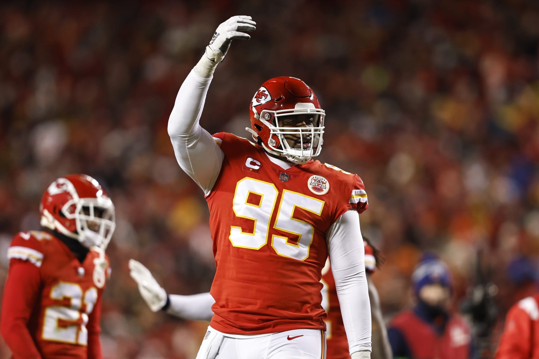 KANSAS CITY, MISSOURI - JANUARY 29: Chris Jones #95 of the Kansas City Chiefs reacts during the AFC Championship NFL football game between the Kansas City Chiefs and the Cincinnati Bengals at GEHA Field at Arrowhead Stadium on January 29, 2023 in Kansas City, Missouri. (Photo by Michael Owens/Getty Images)