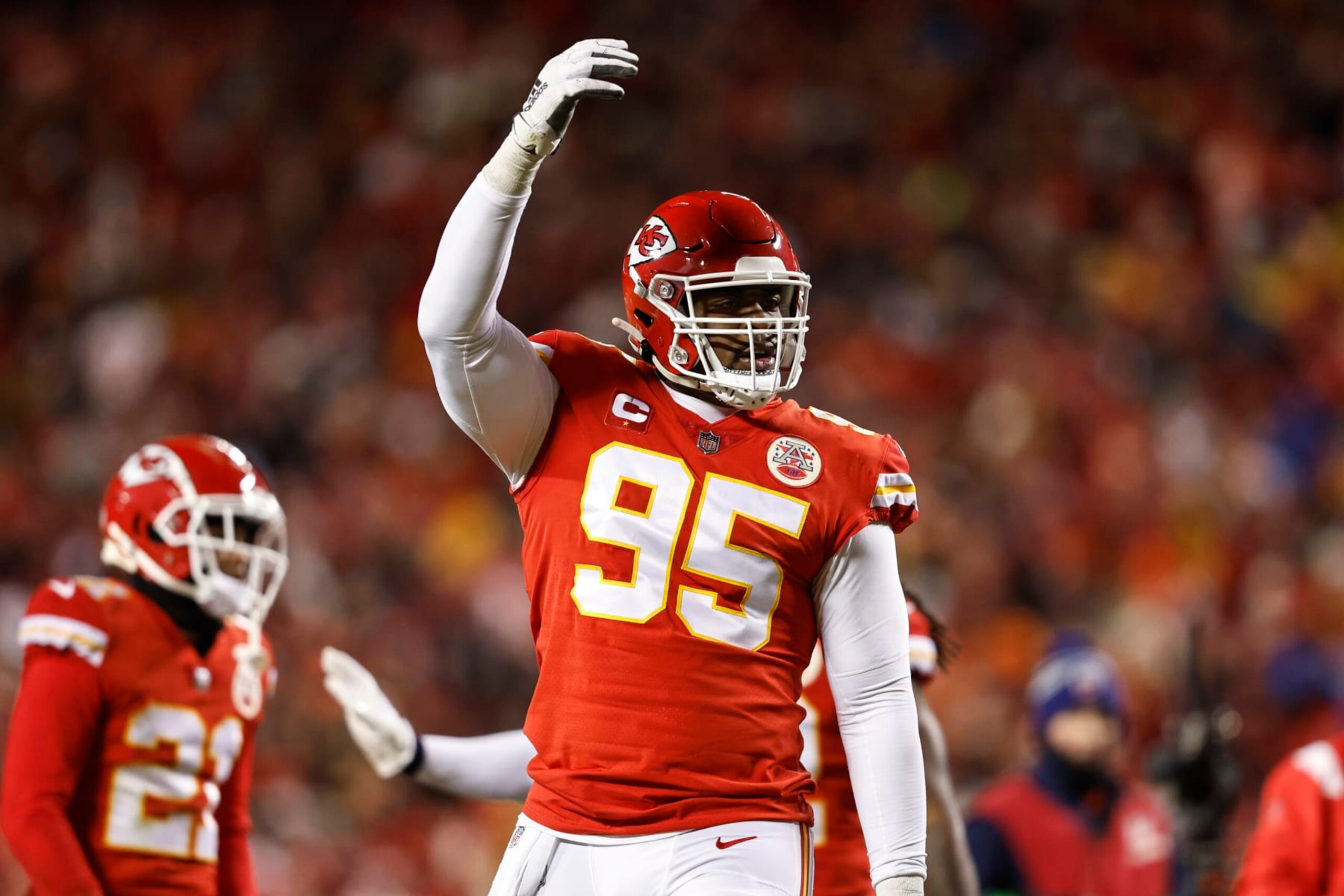 KANSAS CITY, MISSOURI - JANUARY 29: Chris Jones #95 of the Kansas City Chiefs reacts during the AFC Championship NFL football game between the Kansas City Chiefs and the Cincinnati Bengals at GEHA Field at Arrowhead Stadium on January 29, 2023 in Kansas City, Missouri. (Photo by Michael Owens/Getty Images)