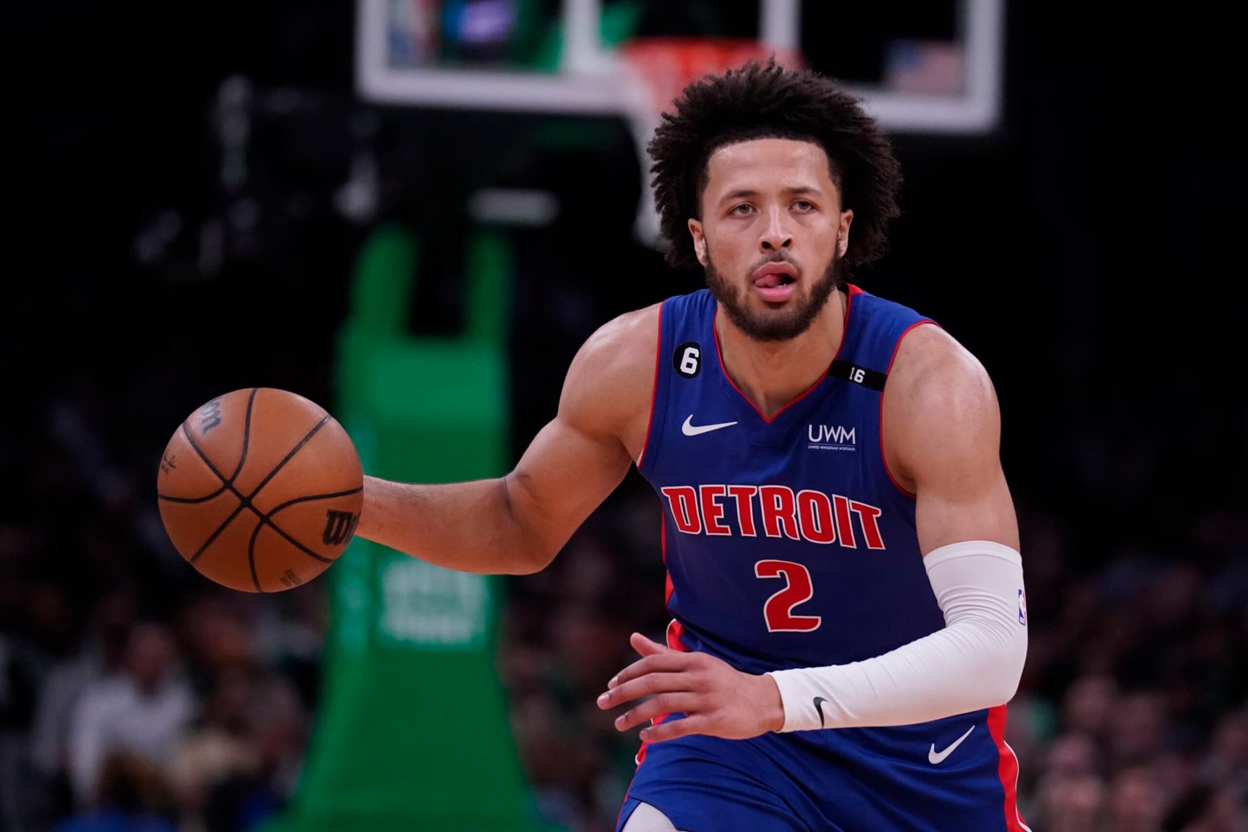 Detroit Pistons guard Cade Cunningham (2) during an NBA basketball game, Wednesday, Nov. 9, 2022, in Boston. (AP Photo/Charles Krupa)