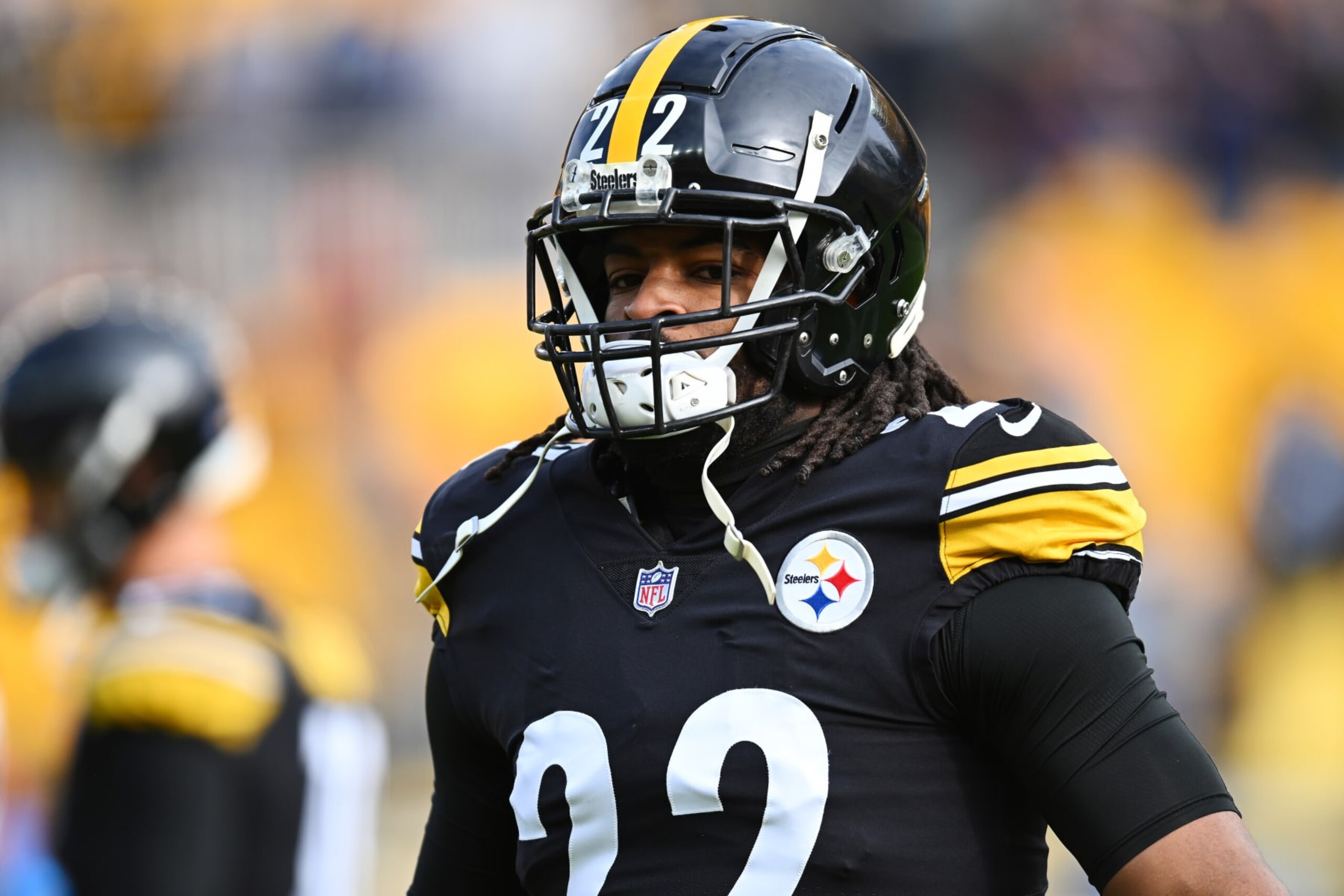 PITTSBURGH, PENNSYLVANIA - JANUARY 08: Najee Harris #22 of the Pittsburgh Steelers looks on before the game against the Cleveland Browns at Acrisure Stadium on January 08, 2023 in Pittsburgh, Pennsylvania. (Photo by Joe Sargent/Getty Images)