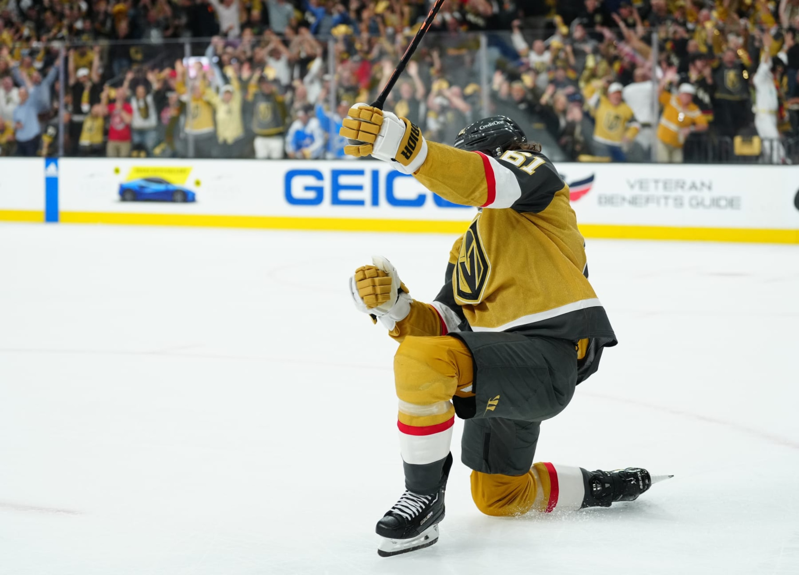 LAS VEGAS, NEVADA - JUNE 13: Mark Stone #61 of the Vegas Golden Knights celebrates after scoring a goal during the first period against the Florida Panthers in Game Five of the 2023 NHL Stanley Cup Final at T-Mobile Arena on June 13, 2023 in Las Vegas, Nevada. (Photo by Jeff Bottari/NHLI via Getty Images)