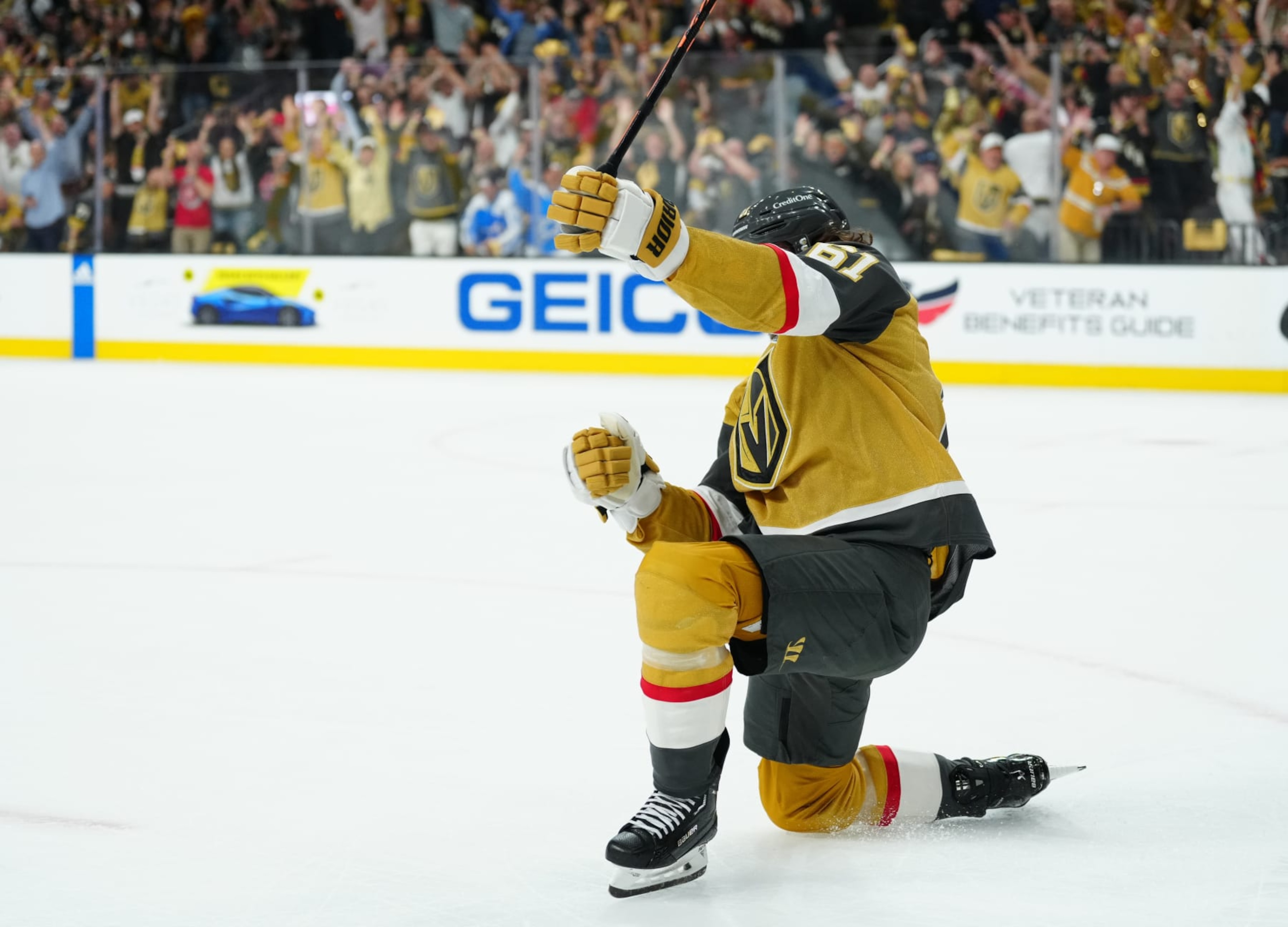 LAS VEGAS, NEVADA - JUNE 13: Mark Stone #61 of the Vegas Golden Knights celebrates after scoring a goal during the first period against the Florida Panthers in Game Five of the 2023 NHL Stanley Cup Final at T-Mobile Arena on June 13, 2023 in Las Vegas, Nevada. (Photo by Jeff Bottari/NHLI via Getty Images)