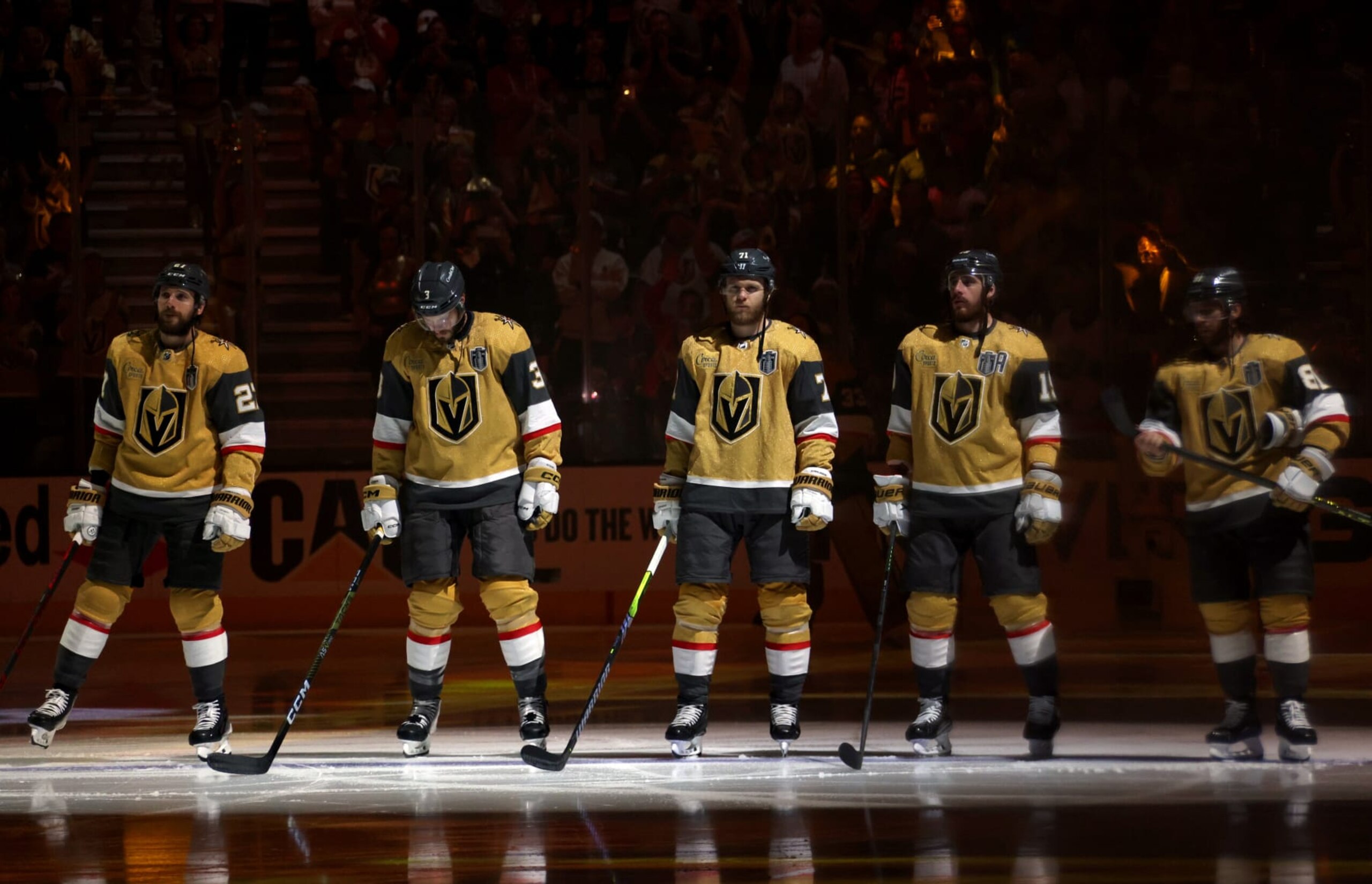 LAS VEGAS, NEVADA - JUNE 13: (L-R) Shea Theodore #27, Brayden McNabb #3, William Karlsson #71, Reilly Smith #19 and Jonathan Marchessault #81 of the Vegas Golden Knights stand at their blueline during pre-game ceremonies before the first period of Game Five of the 2023 NHL Stanley Cup Final between the Florida Panthers and the Vegas Golden Knights at T-Mobile Arena on June 13, 2023 in Las Vegas, Nevada. (Photo by Dave Sandford/NHLI via Getty Images)