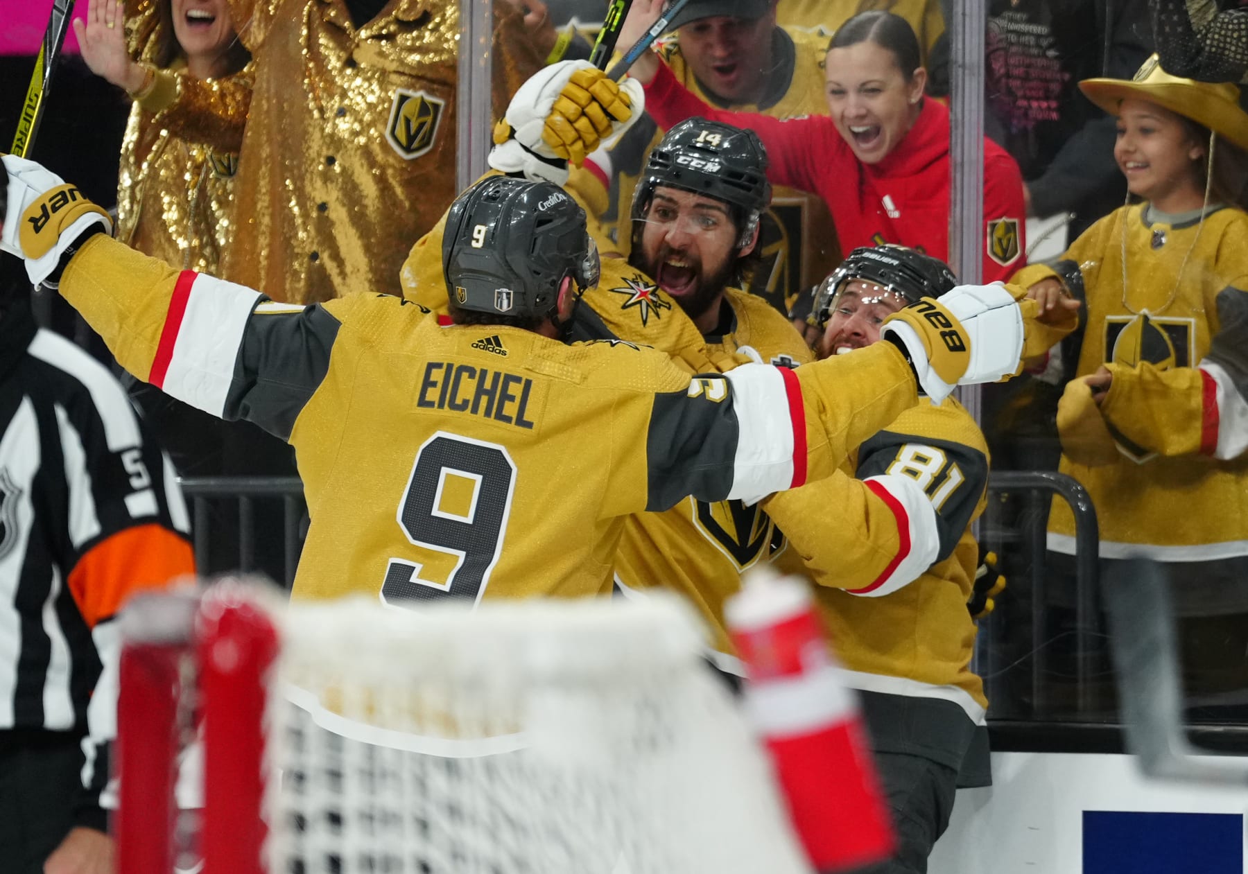 LAS VEGAS, NEVADA - JUNE 13: Nicolas Hague #14 of the Vegas Golden Knights celebrates with teammates after a goal during the first period against the Florida Panthers in Game Five of the 2023 NHL Stanley Cup Final at T-Mobile Arena on June 13, 2023 in Las Vegas, Nevada. (Photo by Jeff Bottari/NHLI via Getty Images)