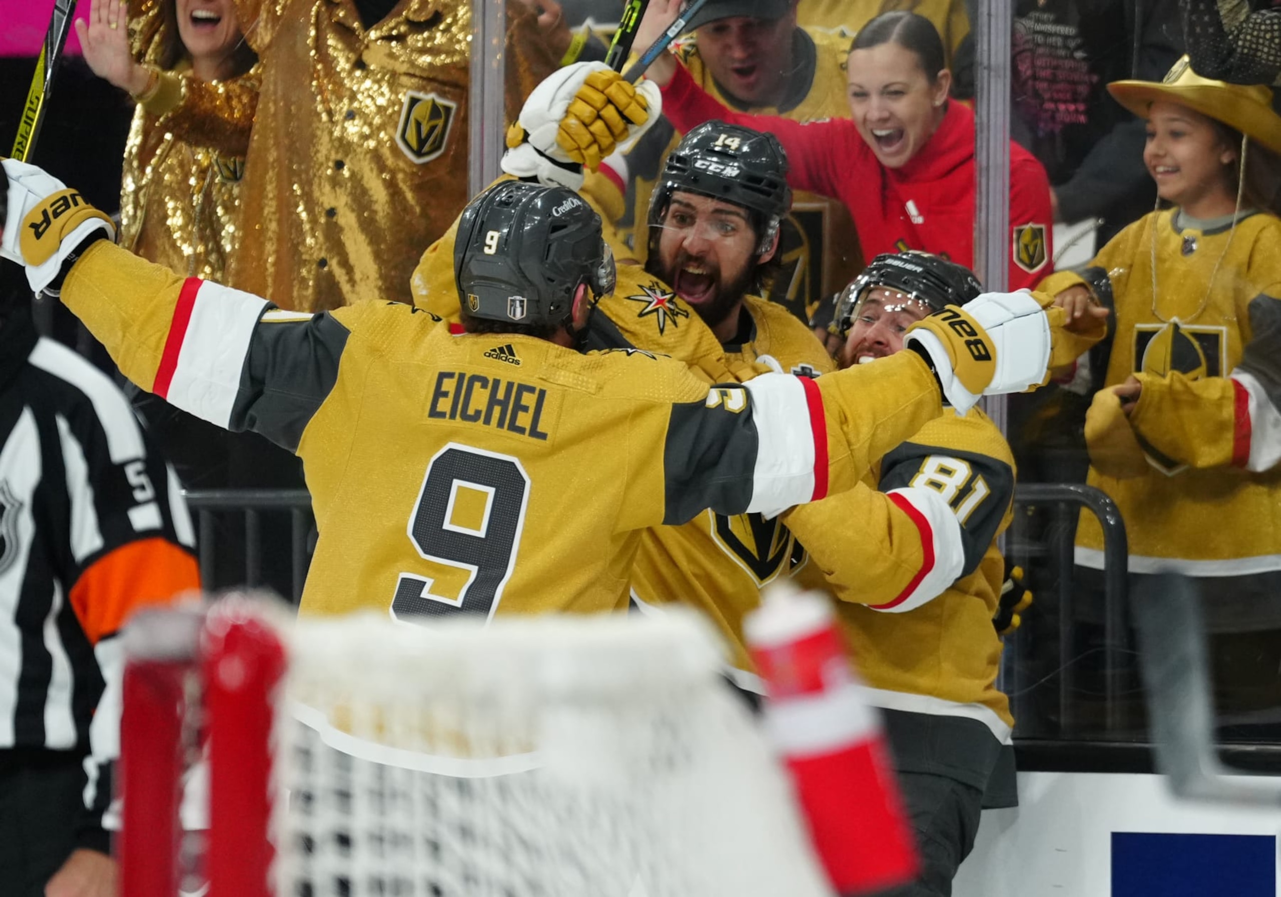 LAS VEGAS, NEVADA - JUNE 13: Nicolas Hague #14 of the Vegas Golden Knights celebrates with teammates after a goal during the first period against the Florida Panthers in Game Five of the 2023 NHL Stanley Cup Final at T-Mobile Arena on June 13, 2023 in Las Vegas, Nevada. (Photo by Jeff Bottari/NHLI via Getty Images)