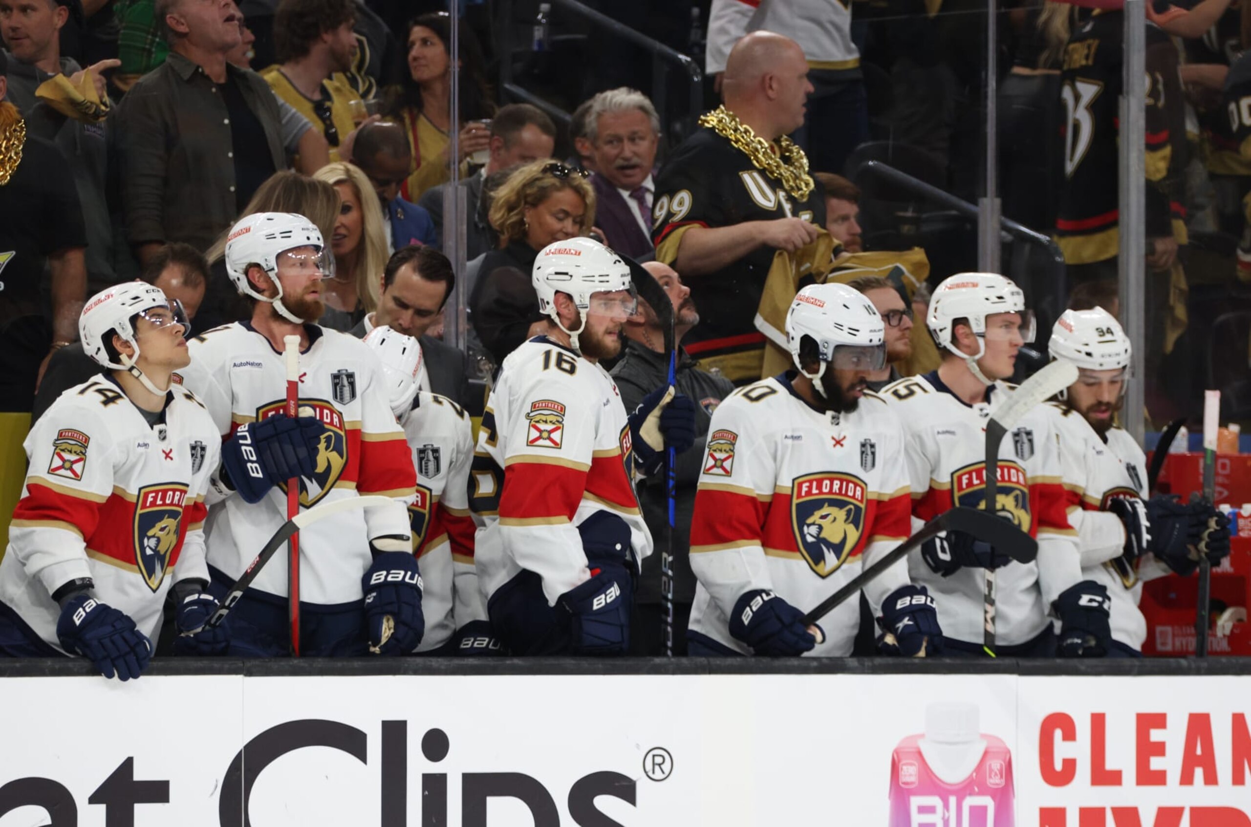 LAS VEGAS, NEVADA - JUNE 13: (L-R) Grigori Denisenko #14, Eric Staal #12, Aleksander Barkov #16, Anthony Duclair #10, Anton Lundell #15 and Ryan Lomberg #94 of the Florida Panthers look on from the bench during the third period of Game Five of the 2023 NHL Stanley Cup Final between the Florida Panthers and the Vegas Golden Knights at T-Mobile Arena on June 13, 2023 in Las Vegas, Nevada. (Photo by Dave Sandford/NHLI via Getty Images)