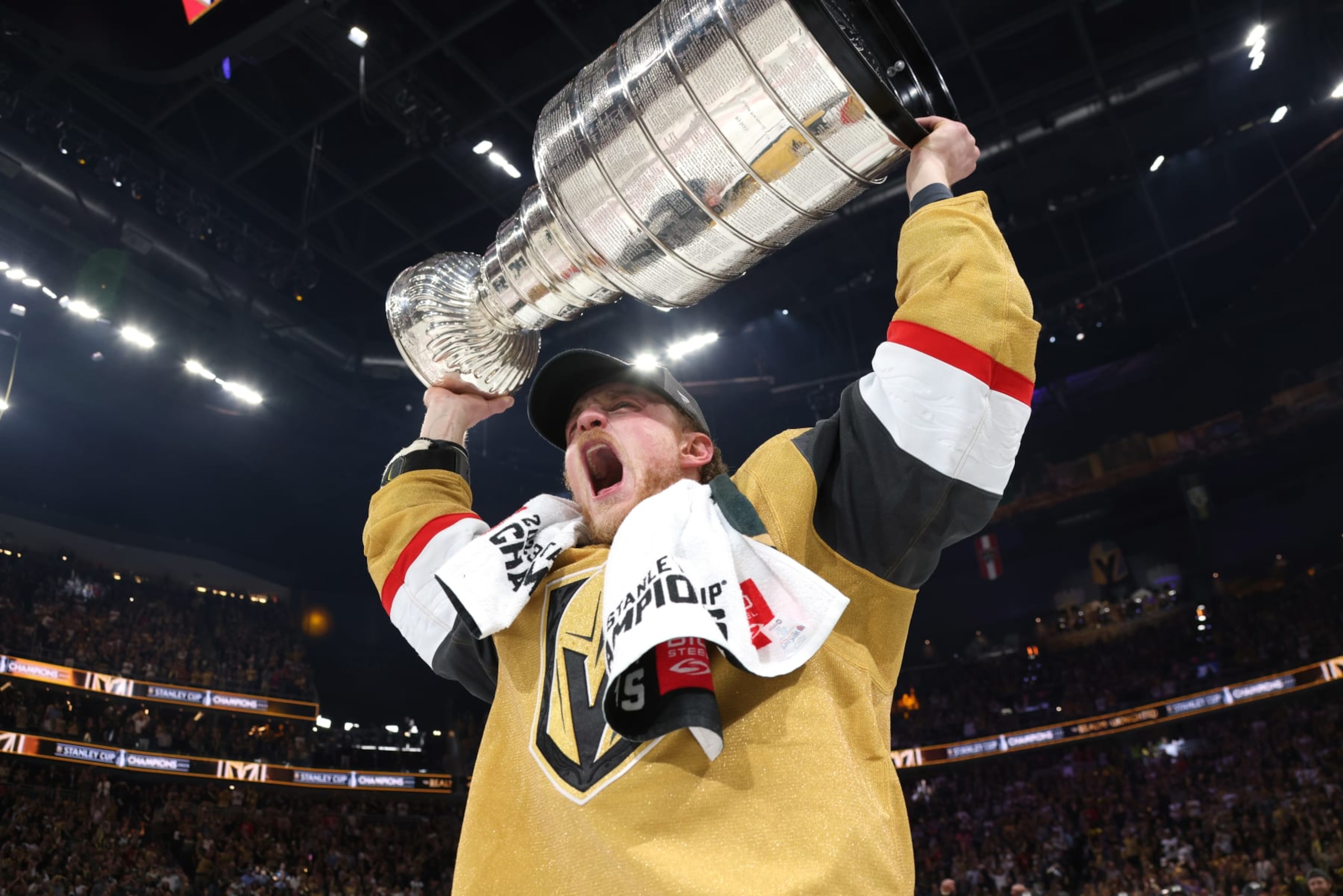 LAS VEGAS, NEVADA - JUNE 13: Jack Eichel #9 of the Vegas Golden Knights hoists the Stanley Cup after Game Five of the 2023 NHL Stanley Cup Final between the Florida Panthers and the Vegas Golden Knights at T-Mobile Arena on June 13, 2023 in Las Vegas, Nevada. (Photo by Dave Sandford/NHLI via Getty Images)