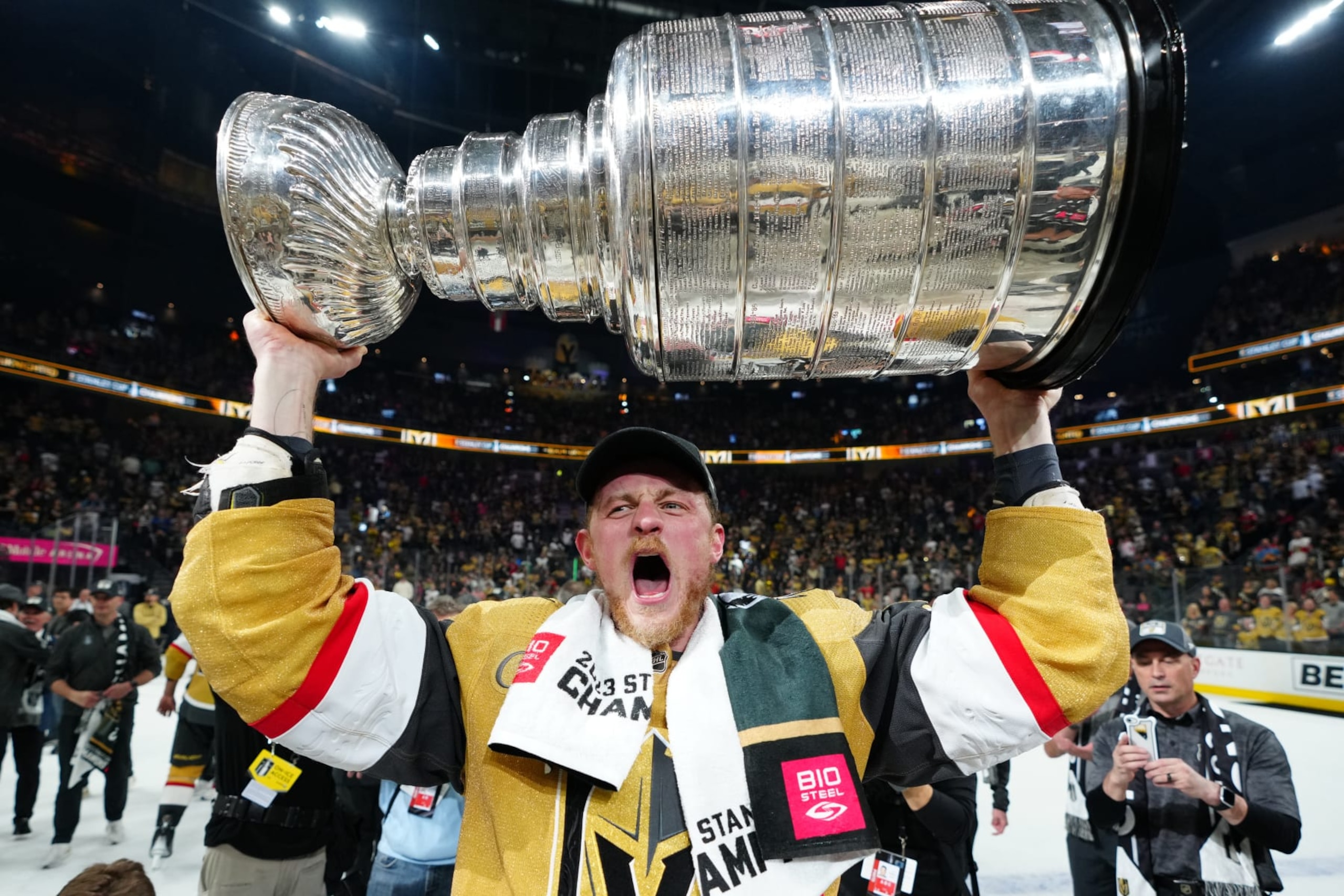 LAS VEGAS, NEVADA - JUNE 13: Jack Eichel #9 of the Vegas Golden Knights celebrates with the Stanley Cup after a 9-3 victory against the Florida Panthers in Game Five of the 2023 NHL Stanley Cup Final at T-Mobile Arena on June 13, 2023 in Las Vegas, Nevada. (Photo by Jeff Bottari/NHLI via Getty Images)