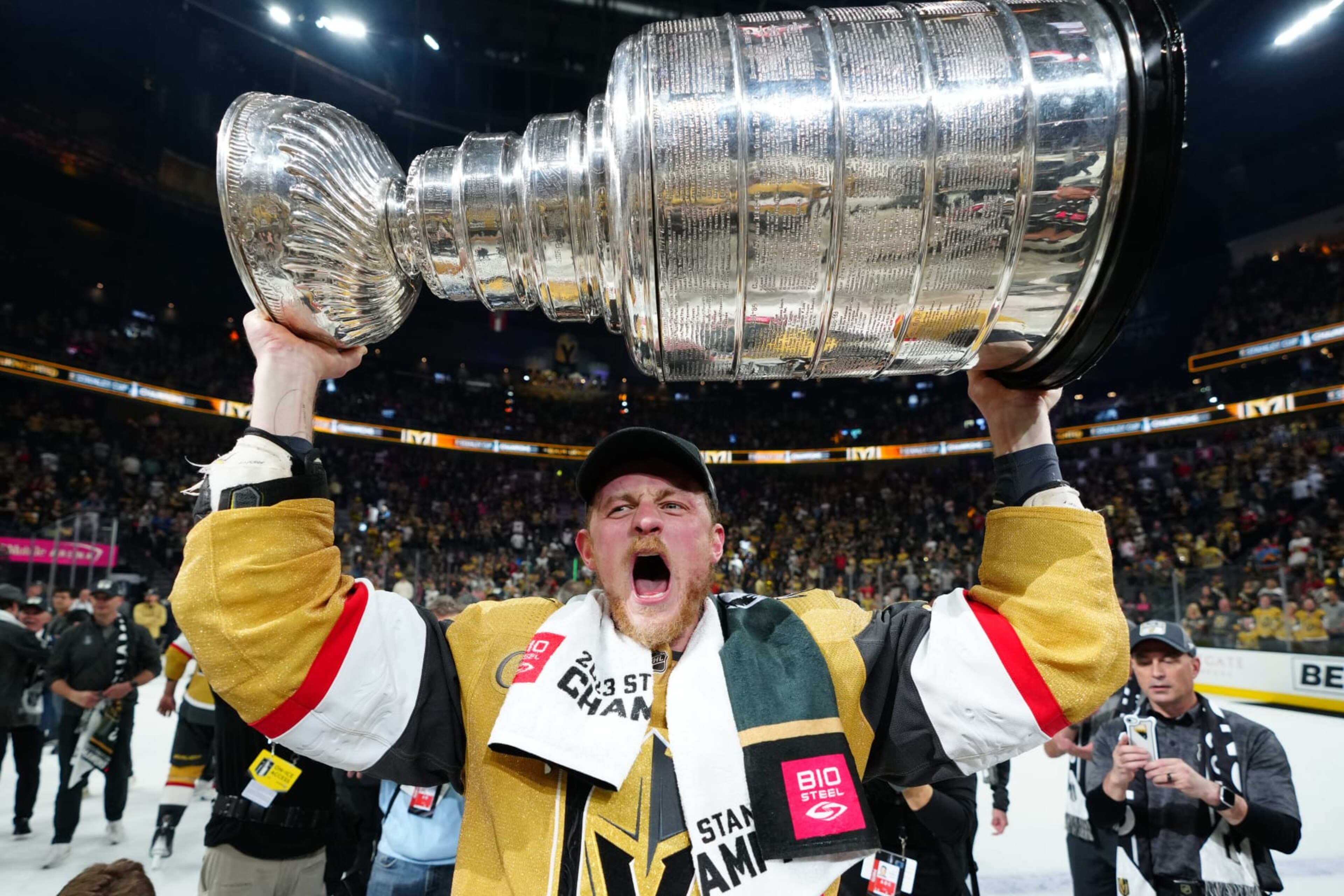 LAS VEGAS, NEVADA - JUNE 13: Jack Eichel #9 of the Vegas Golden Knights celebrates with the Stanley Cup after a 9-3 victory against the Florida Panthers in Game Five of the 2023 NHL Stanley Cup Final at T-Mobile Arena on June 13, 2023 in Las Vegas, Nevada. (Photo by Jeff Bottari/NHLI via Getty Images)