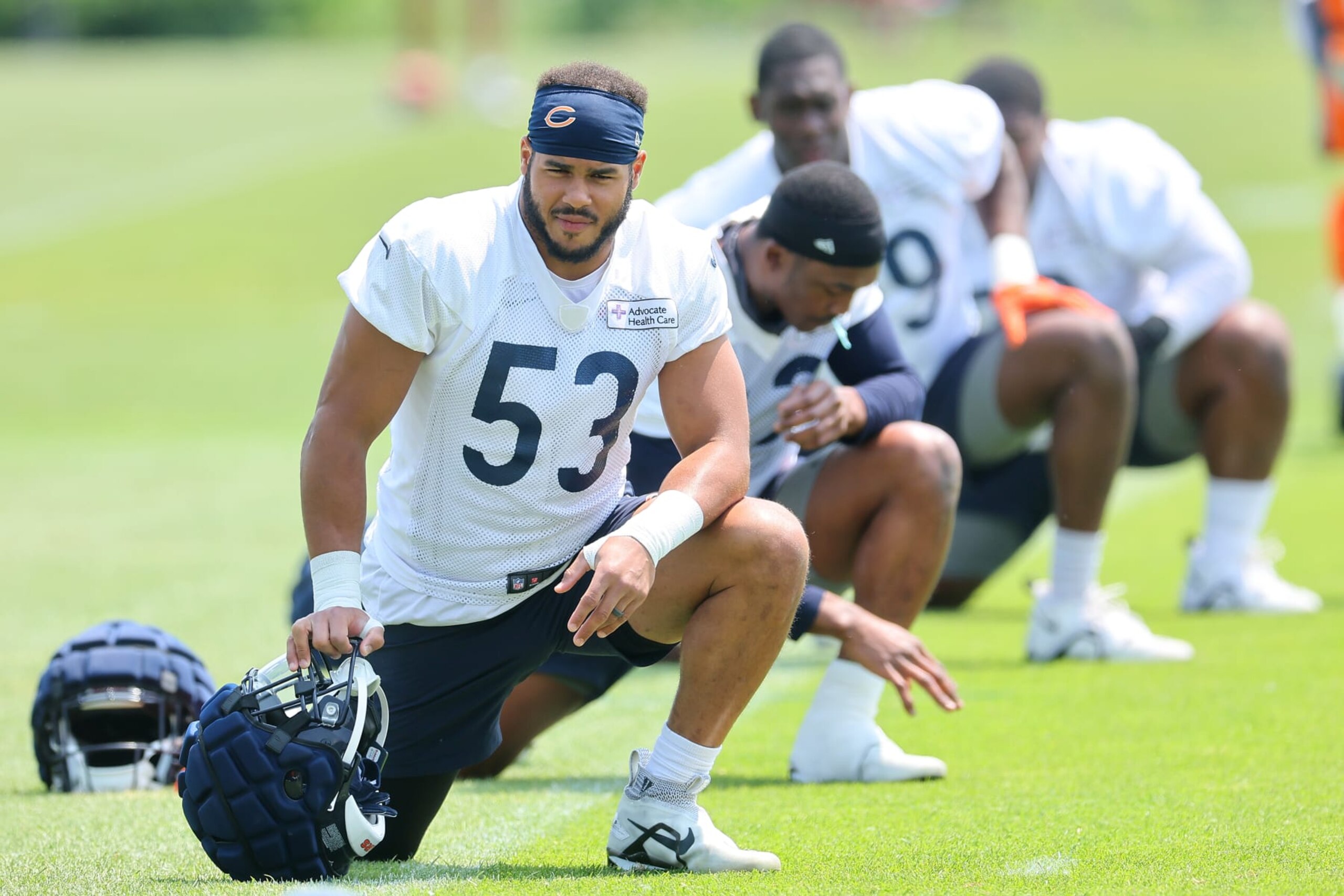 LAKE FOREST, ILLINOIS - JUNE 07: T.J. Edwards #53 of the Chicago Bears stretches during OTA's at Halas Hall on June 07, 2023 in Lake Forest, Illinois. (Photo by Michael Reaves/Getty Images)