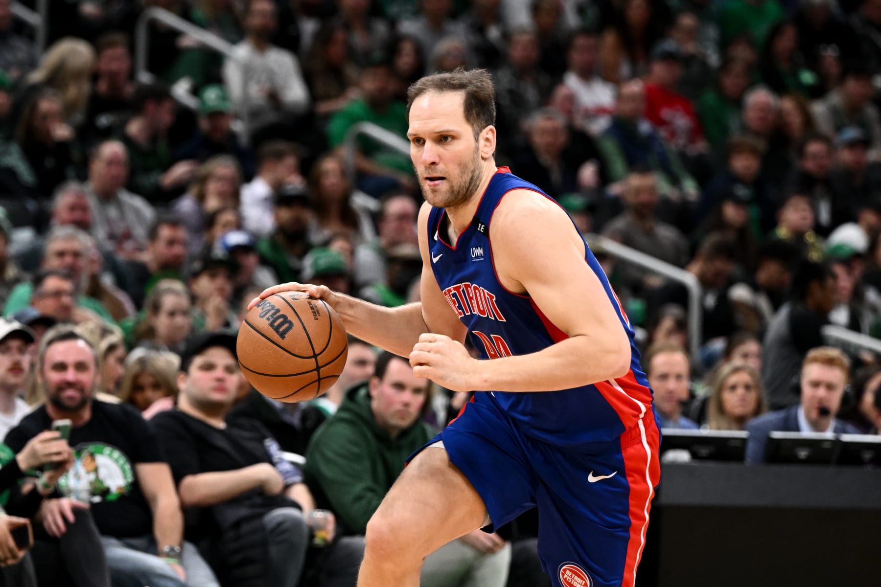 BOSTON, MASSACHUSETTS - FEBRUARY 15: Bojan Bogdanovic #44 of the Detroit Pistons dribbles the ball against the Boston Celtics during the fourth quarter at the TD Garden on February 15, 2023 in Boston, Massachusetts. NOTE TO USER: User expressly acknowledges and agrees that, by downloading and or using this photograph, User is consenting to the terms and conditions of the Getty Images License Agreement. (Photo by Brian Fluharty/Getty Images) BOSTON, MASSACHUSETTS - FEBRUARY 15: Bojan Bogdanovic #44 of the Detroit Pistons dribbles the ball against the Boston Celtics during the fourth quarter at the TD Garden on February 15, 2023 in Boston, Massachusetts. NOTE TO USER: User expressly acknowledges and agrees that, by downloading and or using this photograph, User is consenting to the terms and conditions of the Getty Images License Agreement. (Photo by Brian Fluharty/Getty Images)