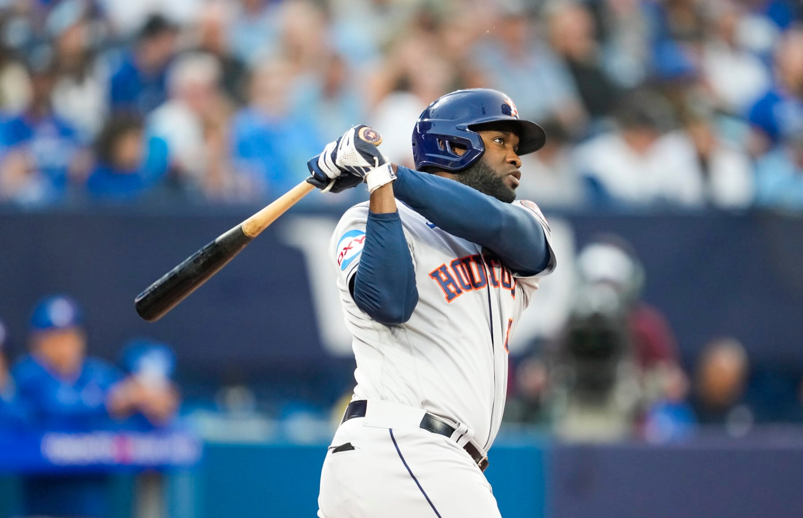 TORONTO, ON - JUNE 5: Yordan Alvarez #44 of Houston Astros swings against the Toronto Blue Jays during the fourth inning in their MLB game at the Rogers Centre on June 5, 2023 in Toronto, Ontario, Canada. (Photo by Mark Blinch/Getty Images)