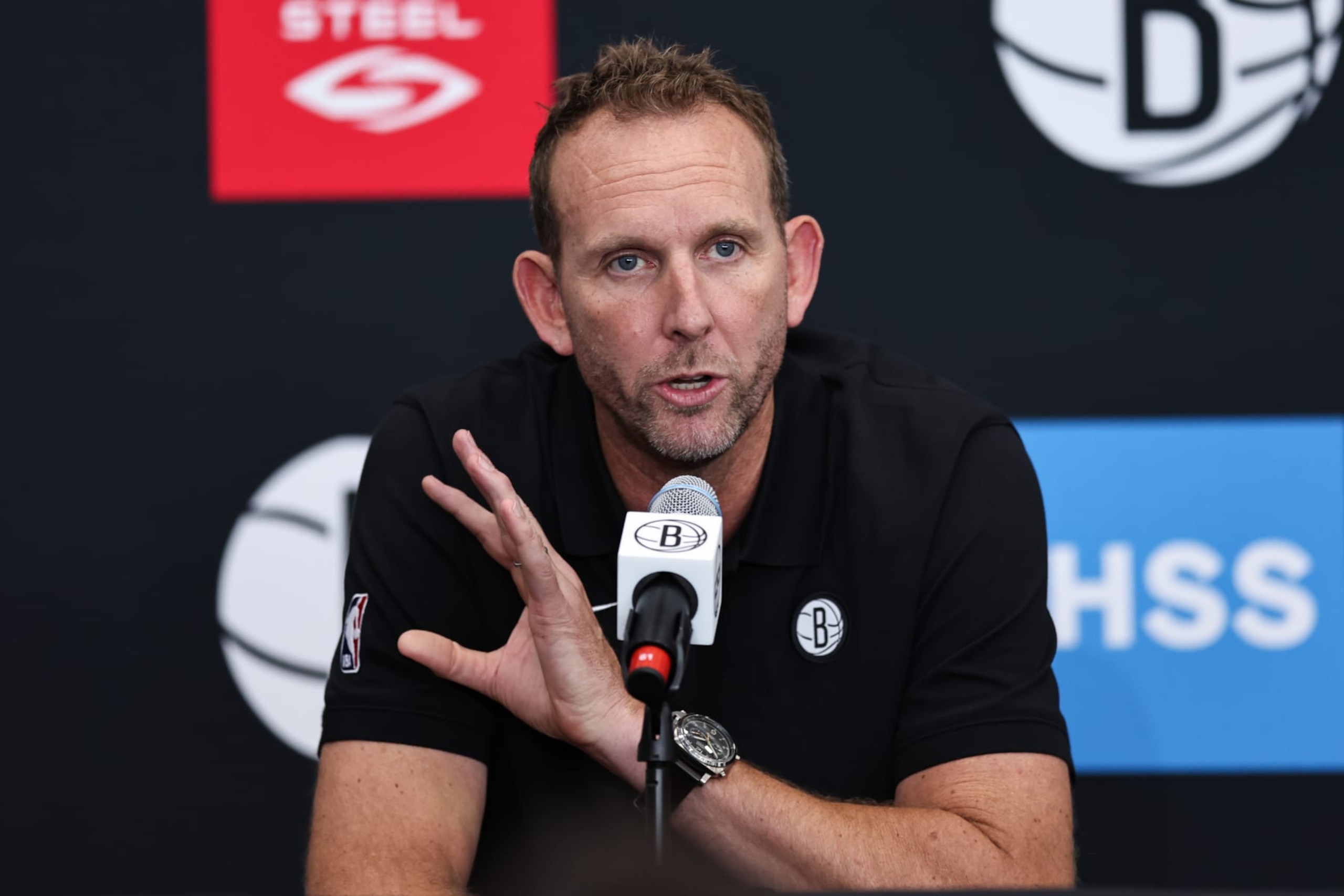 NEW YORK, NEW YORK - SEPTEMBER 26: General Manager Sean Marks of the Brooklyn Nets speaks at the podium during a press conference at Brooklyn Nets Media Day at HSS Training Center on September 26, 2022 in the Brooklyn borough of New York City. NOTE TO USER: User expressly acknowledges and agrees that, by downloading and/or using this photograph, User is consenting to the terms and conditions of the Getty Images License Agreement. (Photo by Dustin Satloff/Getty Images) NEW YORK, NEW YORK - SEPTEMBER 26: General Manager Sean Marks of the Brooklyn Nets speaks at the podium during a press conference at Brooklyn Nets Media Day at HSS Training Center on September 26, 2022 in the Brooklyn borough of New York City. NOTE TO USER: User expressly acknowledges and agrees that, by downloading and/or using this photograph, User is consenting to the terms and conditions of the Getty Images License Agreement. (Photo by Dustin Satloff/Getty Images)