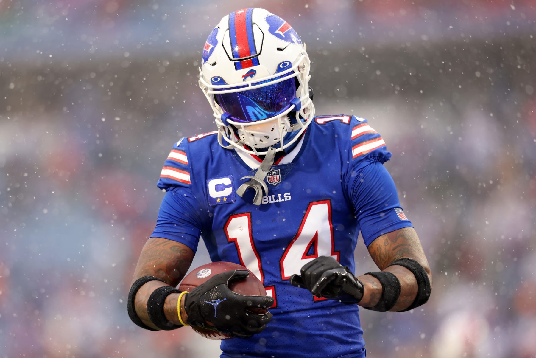 ORCHARD PARK, NEW YORK - JANUARY 22: Stefon Diggs #14 of the Buffalo Bills warms up prior to the AFC Divisional Playoff game against the Cincinnati Bengals at Highmark Stadium on January 22, 2023 in Orchard Park, New York. (Photo by Bryan M. Bennett/Getty Images)