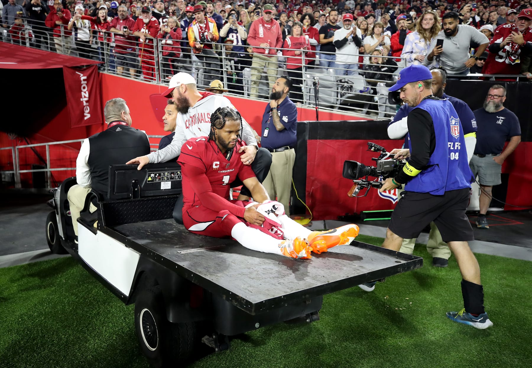 GLENDALE, ARIZONA - DECEMBER 12: Kyler Murray #1 of the Arizona Cardinals is carted off the field after being injured against the New England Patriots during the first quarter of the game at State Farm Stadium on December 12, 2022 in Glendale, Arizona. (Photo by Christian Petersen/Getty Images)