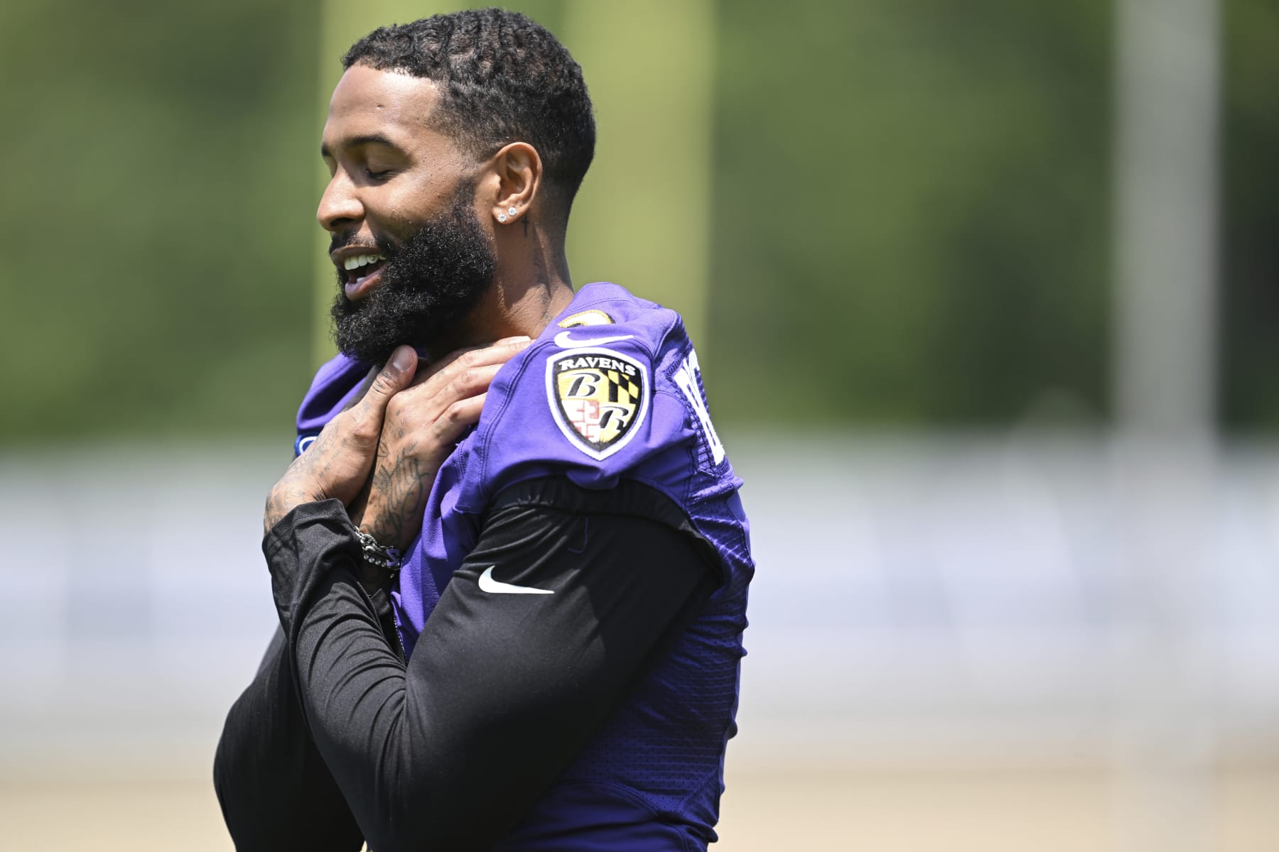 Baltimore Ravens wide receiver Odell Beckham Jr. works out during mandatory NFL football mini camp Tuesday, June 13, 2023, in Owings Mills, Md.(AP Photo/Gail Burton)