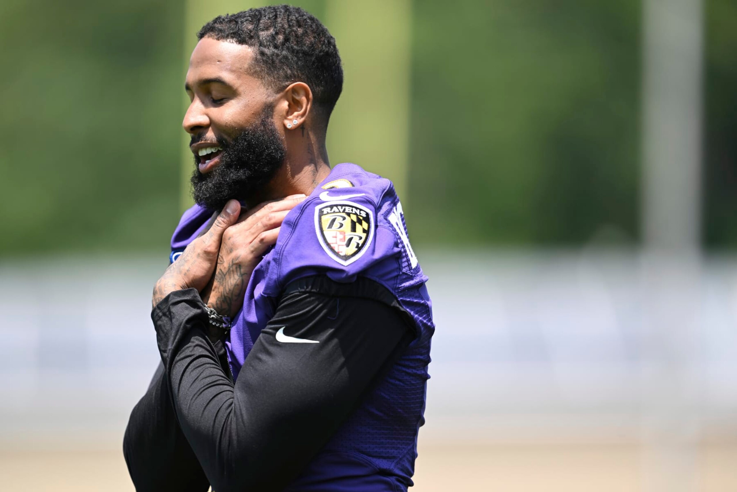 Baltimore Ravens wide receiver Odell Beckham Jr. works out during mandatory NFL football mini camp Tuesday, June 13, 2023, in Owings Mills, Md.(AP Photo/Gail Burton) Baltimore Ravens wide receiver Odell Beckham Jr. works out during mandatory NFL football mini camp Tuesday, June 13, 2023, in Owings Mills, Md.(AP Photo/Gail Burton)