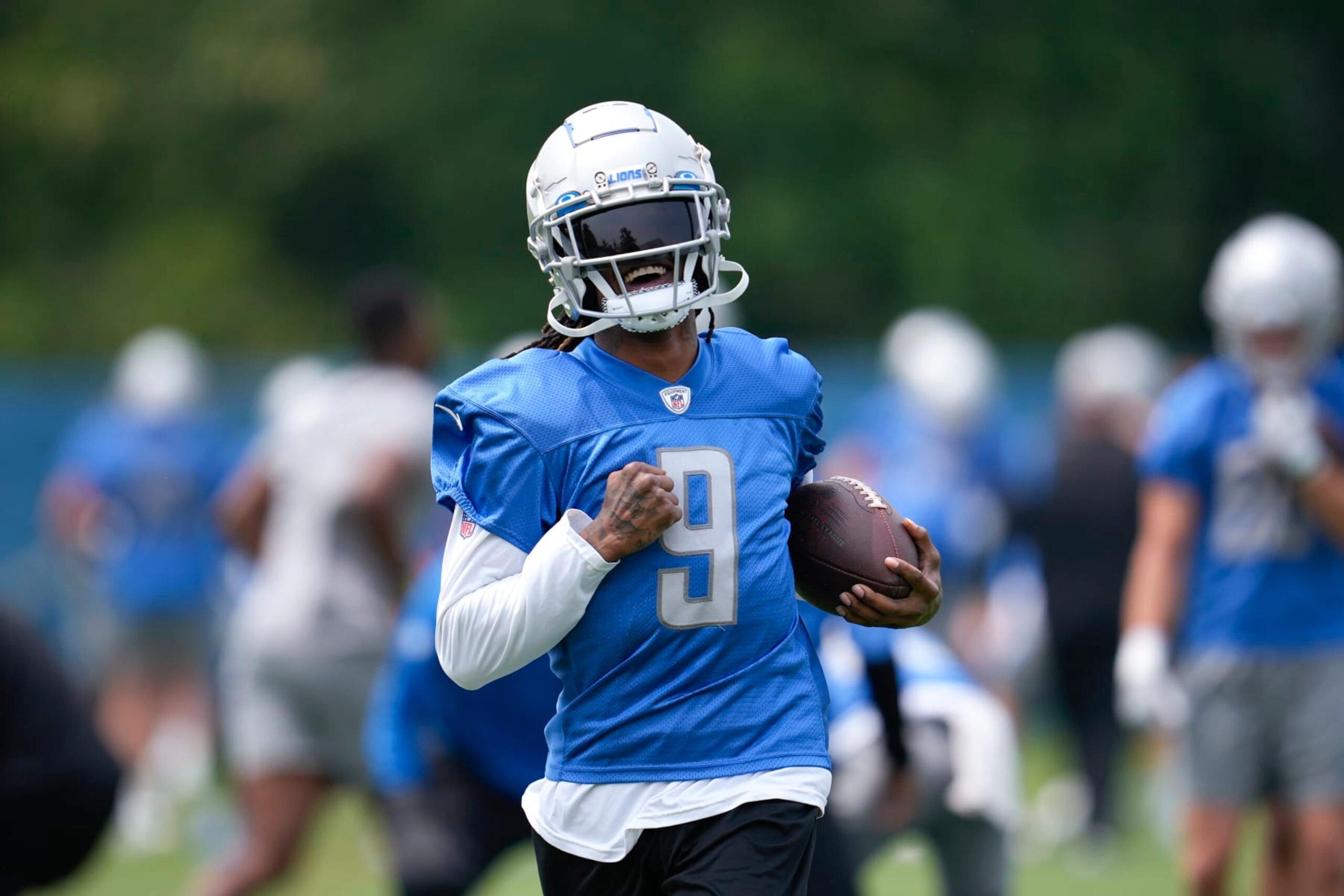 Detroit Lions wide receiver Jameson Williams catches a pass during an NFL football practice in Allen Park, Mich., Tuesday, June 6, 2023. (AP Photo/Paul Sancya) Detroit Lions wide receiver Jameson Williams catches a pass during an NFL football practice in Allen Park, Mich., Tuesday, June 6, 2023. (AP Photo/Paul Sancya)