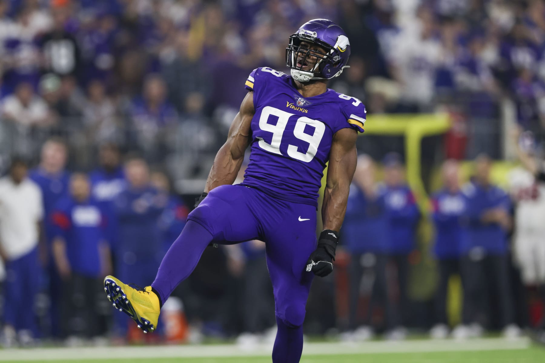 Minnesota Vikings linebacker Danielle Hunter (99) reacts after a play during the second half of an NFL wild-card football game against the New York Giants, Sunday, Jan. 15, 2023 in Minneapolis. (AP Photo/Stacy Bengs)