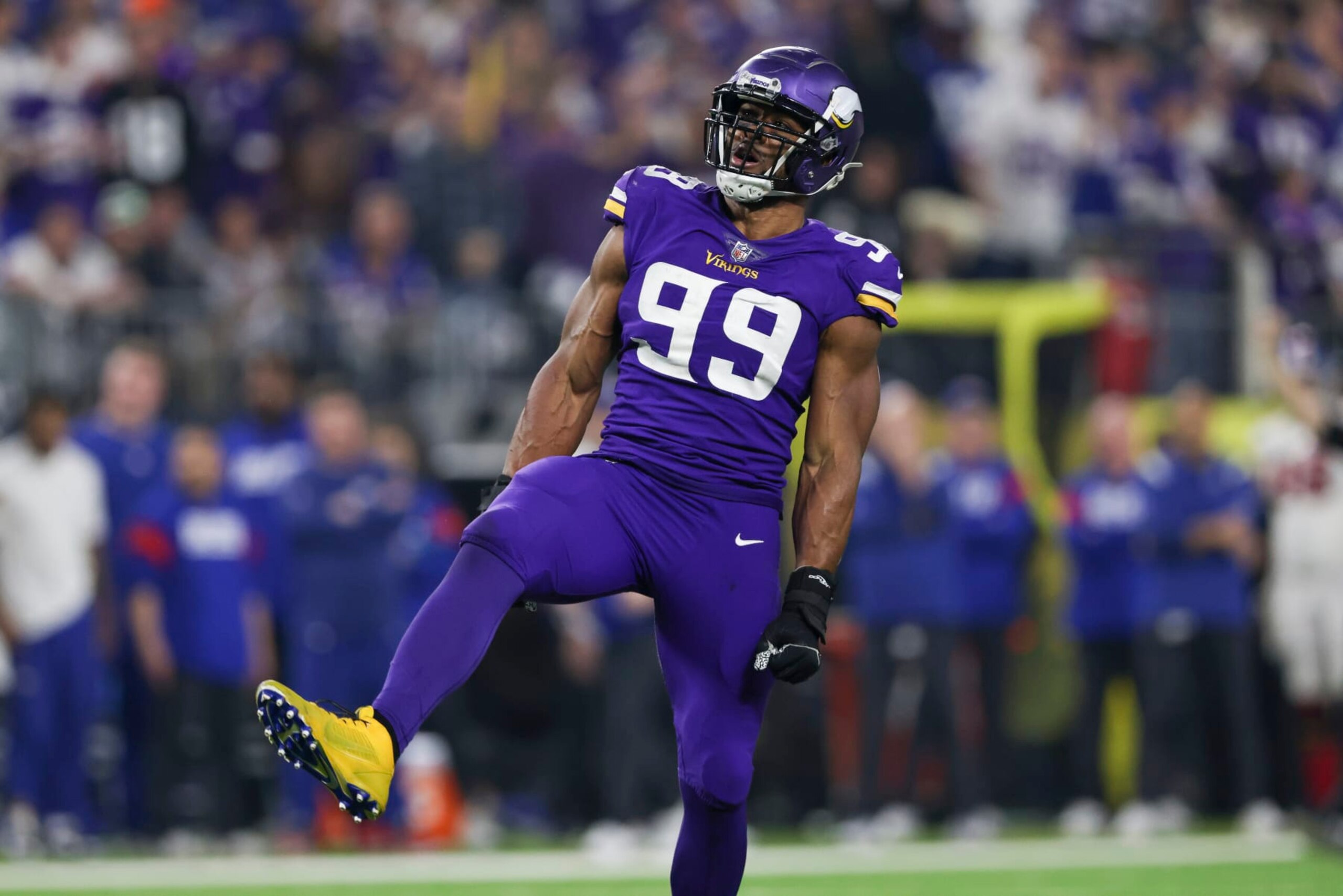 Minnesota Vikings linebacker Danielle Hunter (99) reacts after a play during the second half of an NFL wild-card football game against the New York Giants, Sunday, Jan. 15, 2023 in Minneapolis. (AP Photo/Stacy Bengs) Minnesota Vikings linebacker Danielle Hunter (99) reacts after a play during the second half of an NFL wild-card football game against the New York Giants, Sunday, Jan. 15, 2023 in Minneapolis. (AP Photo/Stacy Bengs)
