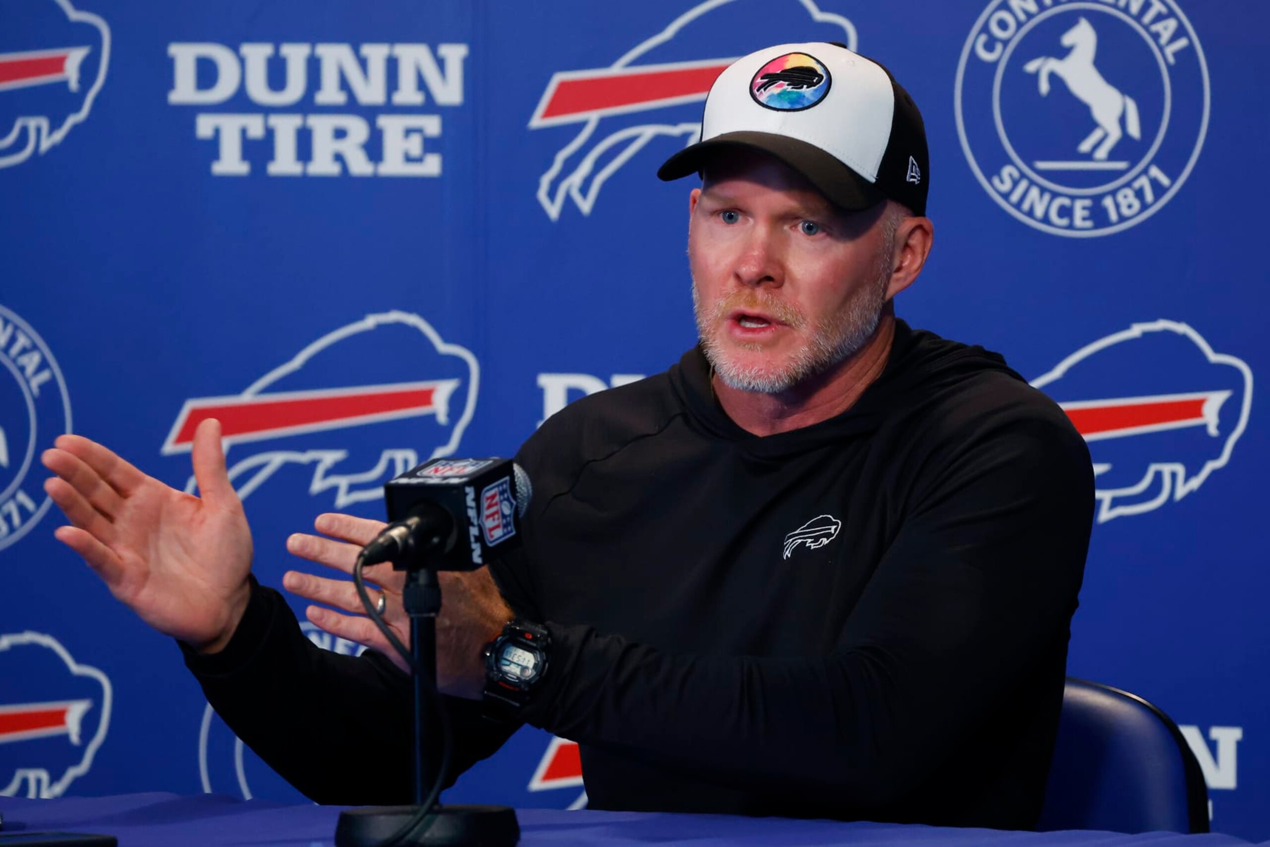 Buffalo Bills head coach Sean McDermott addresses the media prior to NFL football practice in Orchard Park, N.Y., Tuesday June 13, 2023. (AP Photo/Jeffrey T. Barnes)