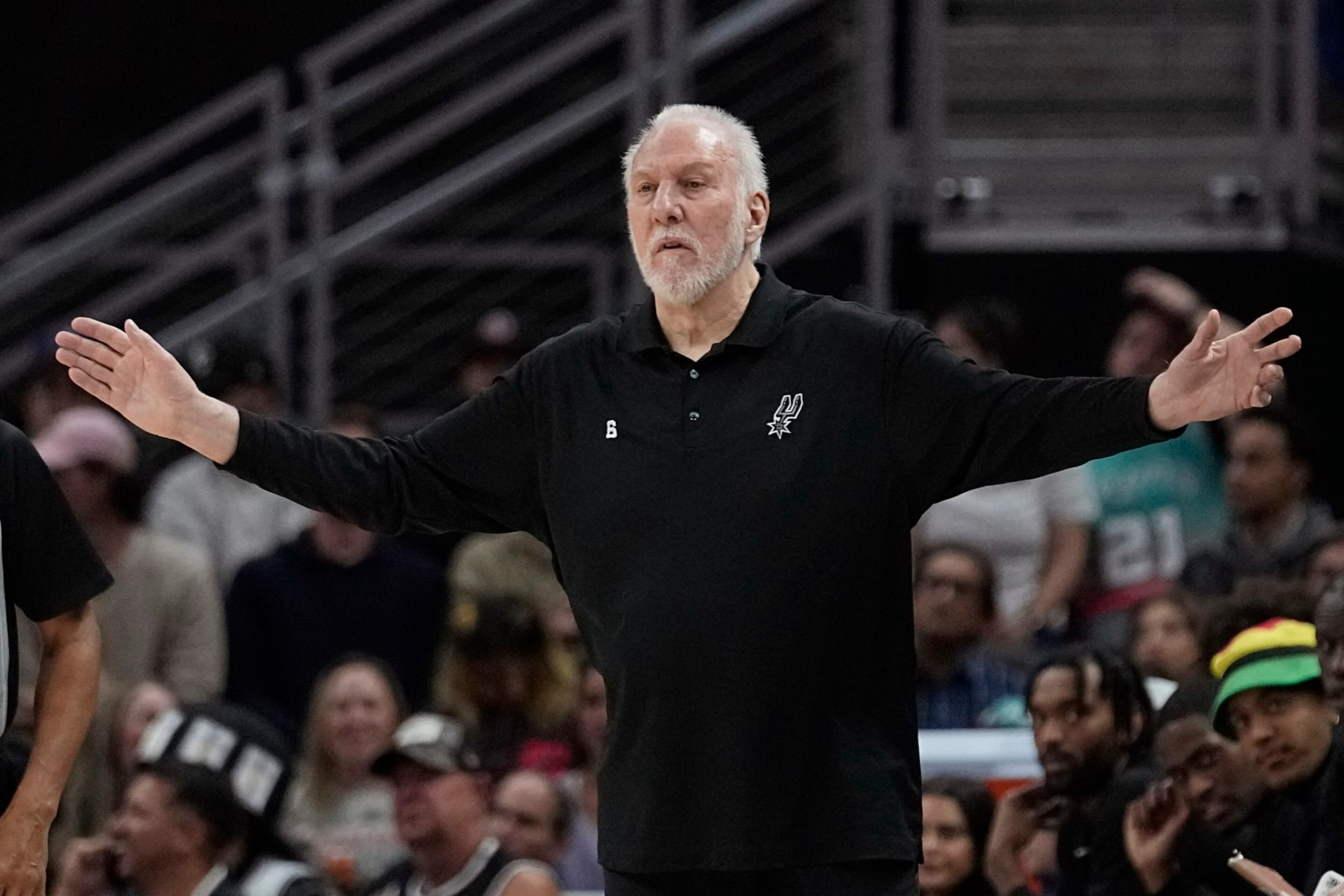 San Antonio Spurs head coach Gregg Popovich signals to his players during the first half of an NBA basketball game against the Portland Trail Blazers in Austin, Texas, Thursday, April 6, 2023. (AP Photo/Eric Gay) San Antonio Spurs head coach Gregg Popovich signals to his players during the first half of an NBA basketball game against the Portland Trail Blazers in Austin, Texas, Thursday, April 6, 2023. (AP Photo/Eric Gay)
