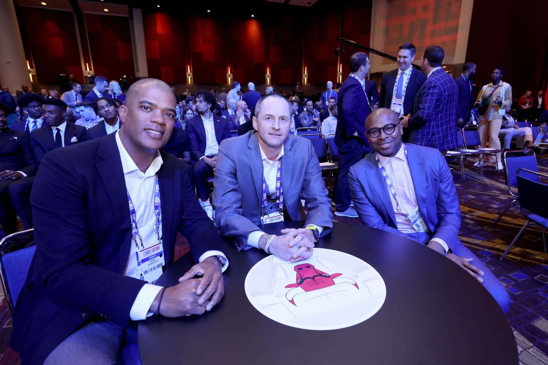 CHICAGO,IL - MAY 16: General Manager Marc Eversley, Executive VP of basketball operations Arturas Karnisovas, and Assistant GM JJ Polk of the Chicago Bulls attend the 2023 NBA Draft Lottery at McCormick Place on May 16, 2023 in Chicago, Illinois. NOTE TO USER: User expressly acknowledges and agrees that, by downloading and or using this photograph, user is consenting to the terms and conditions of the Getty Images License Agreement. Mandatory Copyright Notice: Copyright 2023 NBAE (Photo by Jeff Haynes/NBAE via Getty Images)