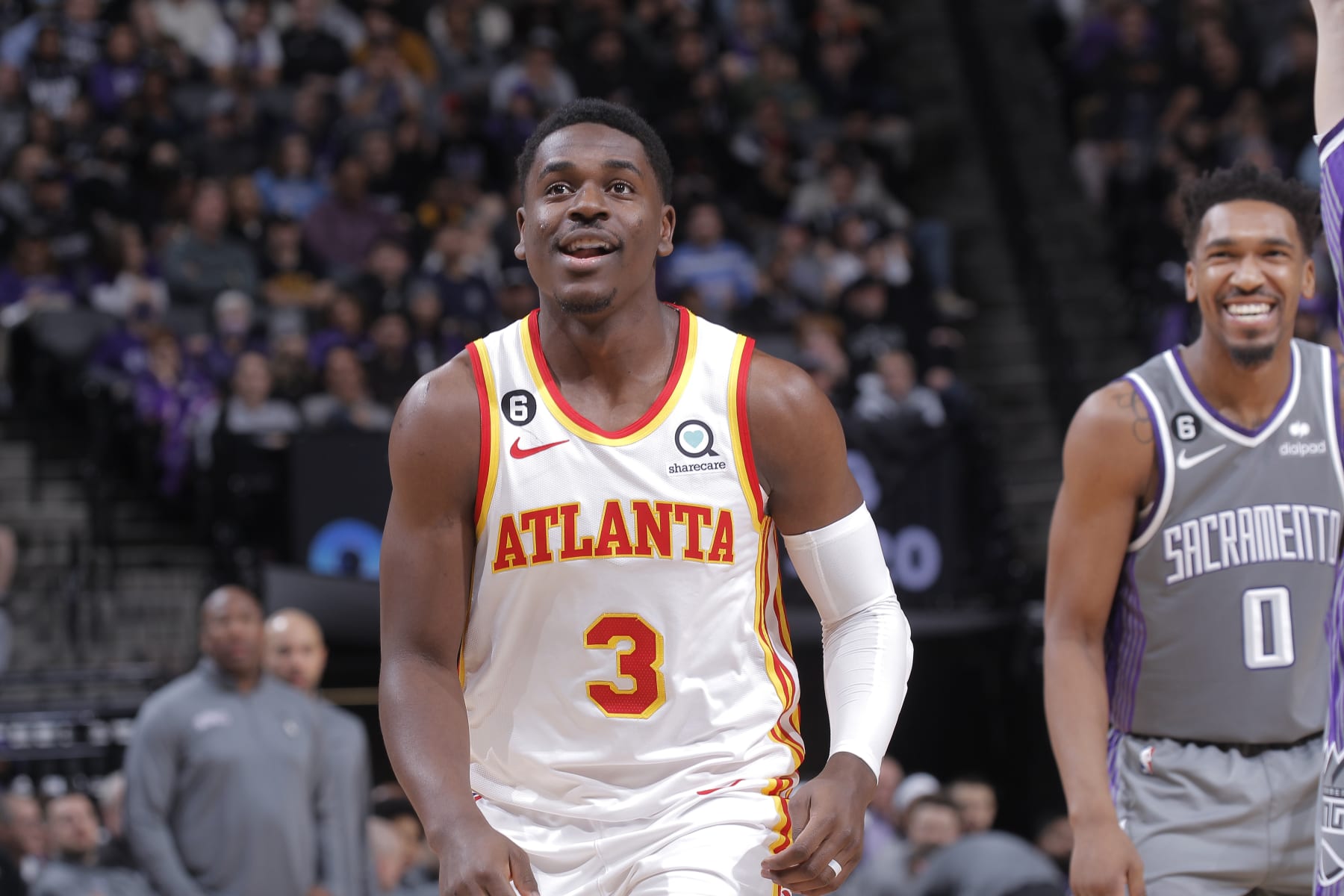 SACRAMENTO, CA - JANUARY 4: Aaron Holiday #3 of the Atlanta Hawks looks on during the game against the Sacramento Kings on January 4, 2023 at Golden 1 Center in Sacramento, California. NOTE TO USER: User expressly acknowledges and agrees that, by downloading and or using this photograph, User is consenting to the terms and conditions of the Getty Images Agreement. Mandatory Copyright Notice: Copyright 2023 NBAE (Photo by Rocky Widner/NBAE via Getty Images)