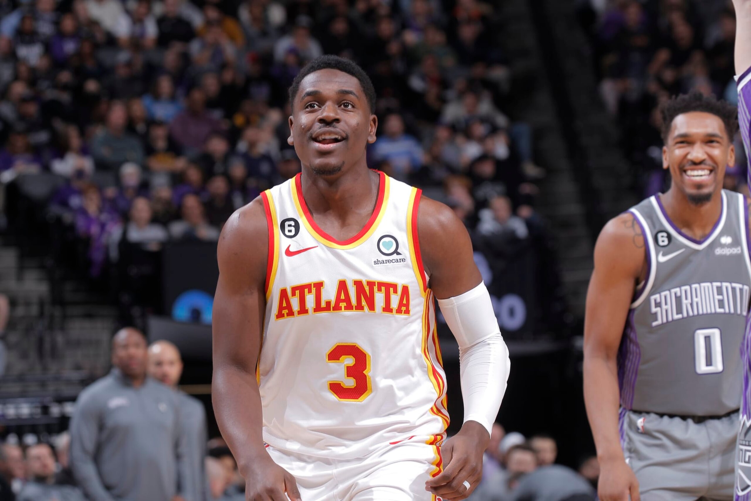 SACRAMENTO, CA - JANUARY 4: Aaron Holiday #3 of the Atlanta Hawks looks on during the game against the Sacramento Kings on January 4, 2023 at Golden 1 Center in Sacramento, California. NOTE TO USER: User expressly acknowledges and agrees that, by downloading and or using this photograph, User is consenting to the terms and conditions of the Getty Images Agreement. Mandatory Copyright Notice: Copyright 2023 NBAE (Photo by Rocky Widner/NBAE via Getty Images)