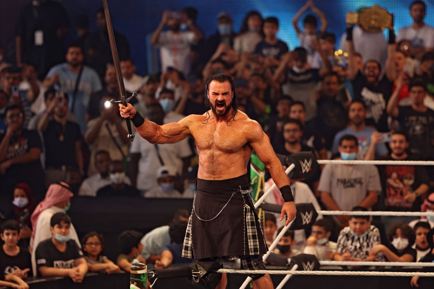 Drew McIntyre arrives for his match during the World Wrestling Entertainment (WWE) Crown Jewel pay-per-view in the Saudi capital Riyadh on October 21, 2021. (Photo by Fayez Nureldine / AFP) (Photo by FAYEZ NURELDINE/AFP via Getty Images)