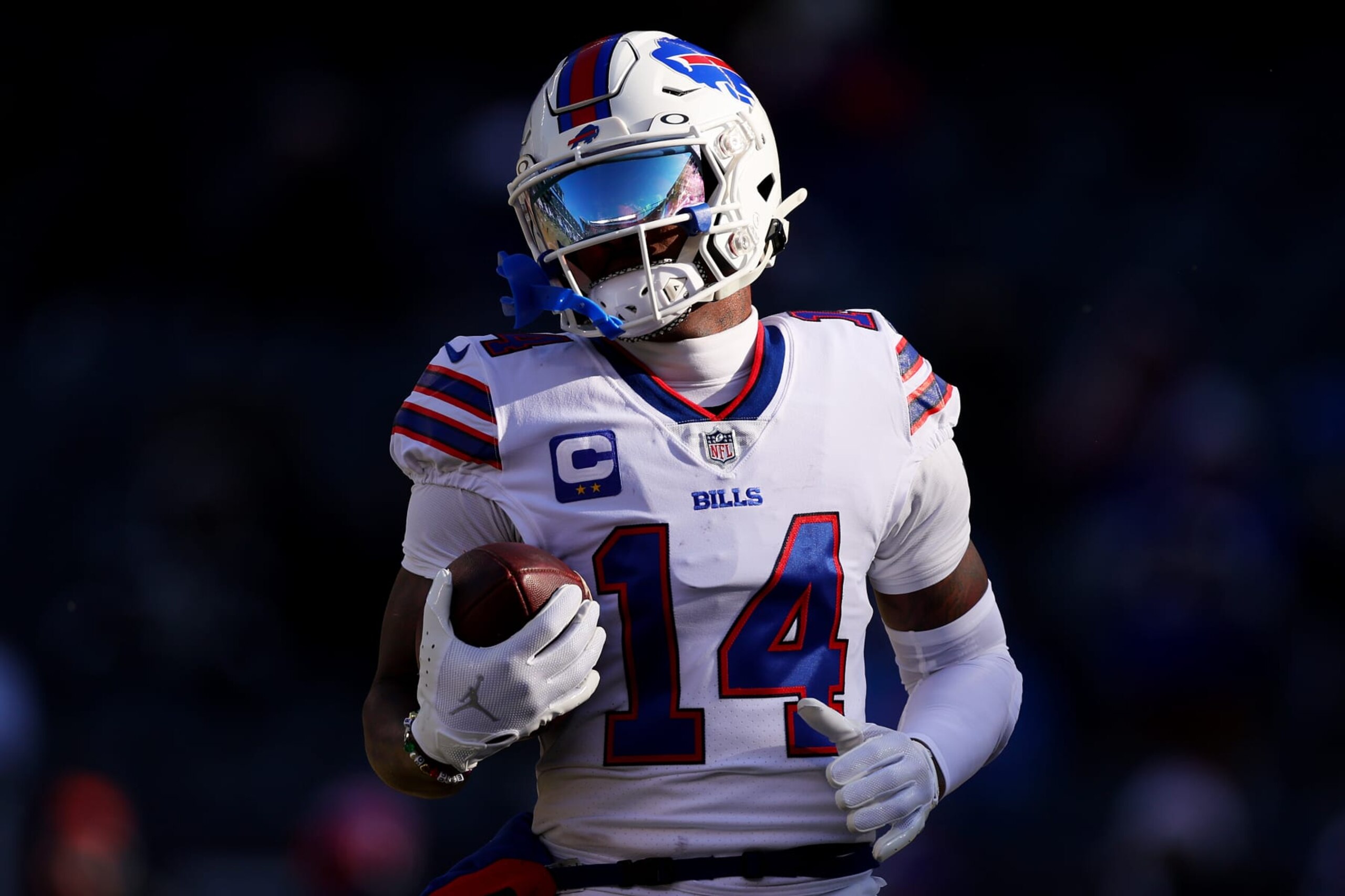 CHICAGO, ILLINOIS - DECEMBER 24: Stefon Diggs #14 of the Buffalo Bills warms up prior to the game against the Chicago Bears at Soldier Field on December 24, 2022 in Chicago, Illinois. (Photo by Michael Reaves/Getty Images)