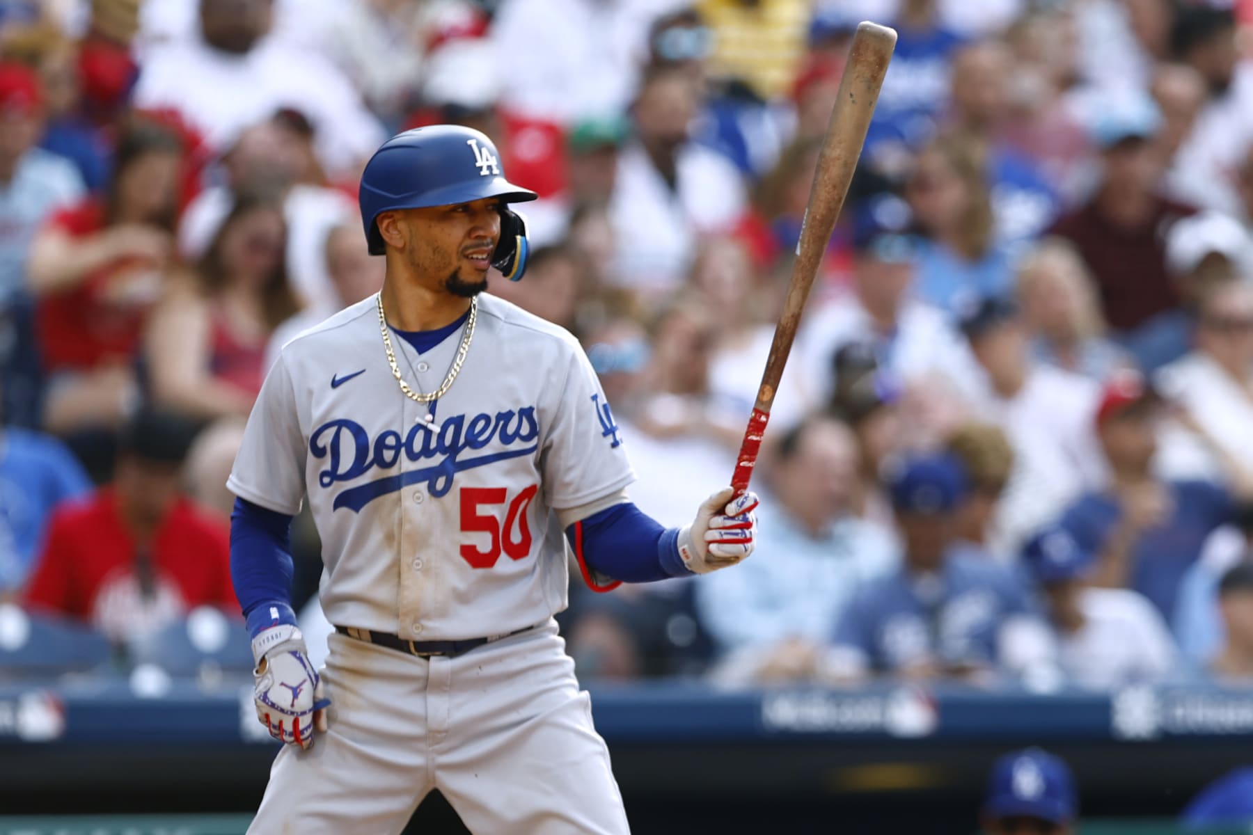 PHILADELPHIA, PENNSYLVANIA - JUNE 10: Mookie Betts #50 of the Los Angeles Dodgers in action against the Philadelphia Phillies during a game at Citizens Bank Park on June 10, 2023 in Philadelphia, Pennsylvania. The Dodgers defeated the Phillies 9-0. (Photo by Rich Schultz/Getty Images)