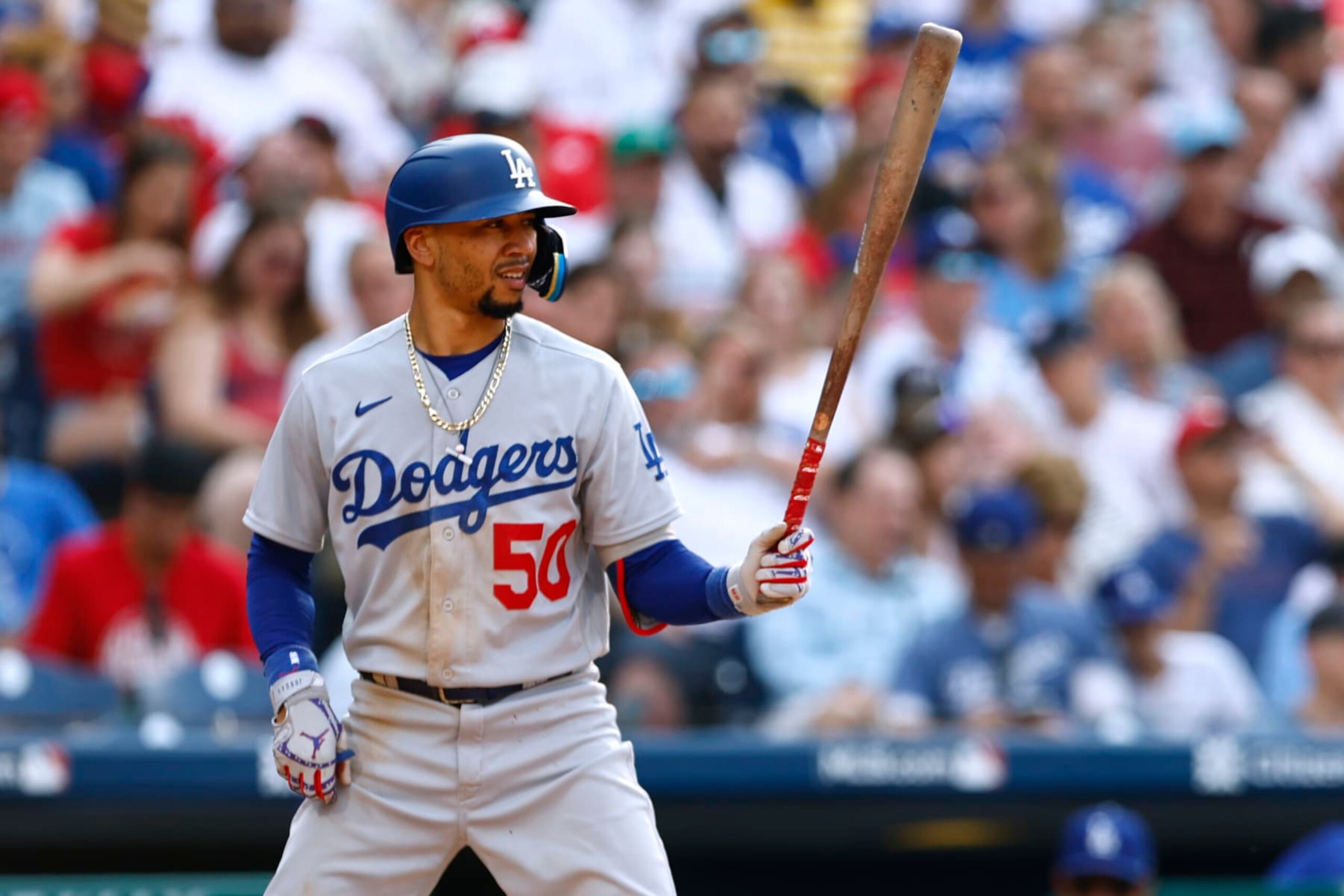 PHILADELPHIA, PENNSYLVANIA - JUNE 10: Mookie Betts #50 of the Los Angeles Dodgers in action against the Philadelphia Phillies during a game at Citizens Bank Park on June 10, 2023 in Philadelphia, Pennsylvania. The Dodgers defeated the Phillies 9-0. (Photo by Rich Schultz/Getty Images)