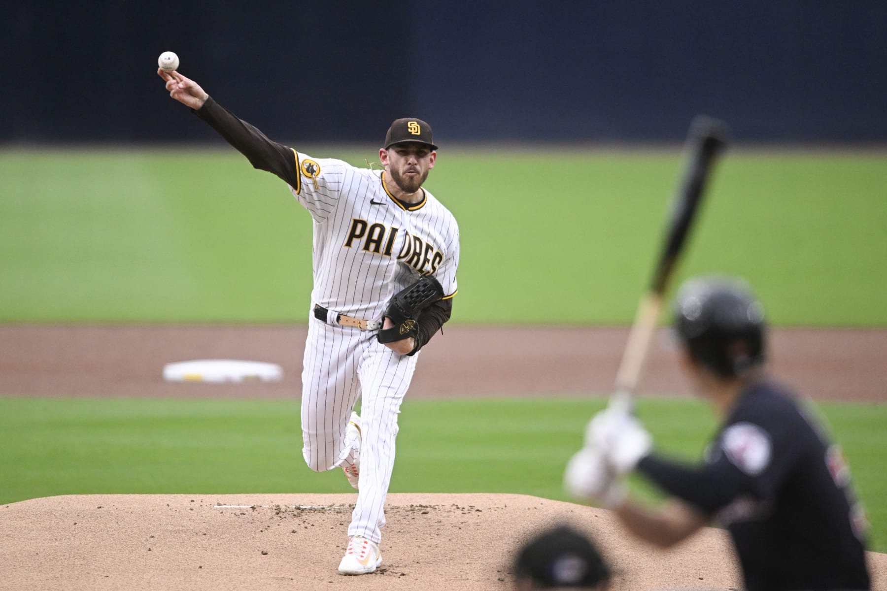 SAN DIEGO, CA - JUNE 13: Joe Musgrove #44 of the San Diego Padres pitches in the first inning against the Cleveland Guardians June 13, 2023 at Petco Park in San Diego, California. (Photo by Denis Poroy/Getty Images)