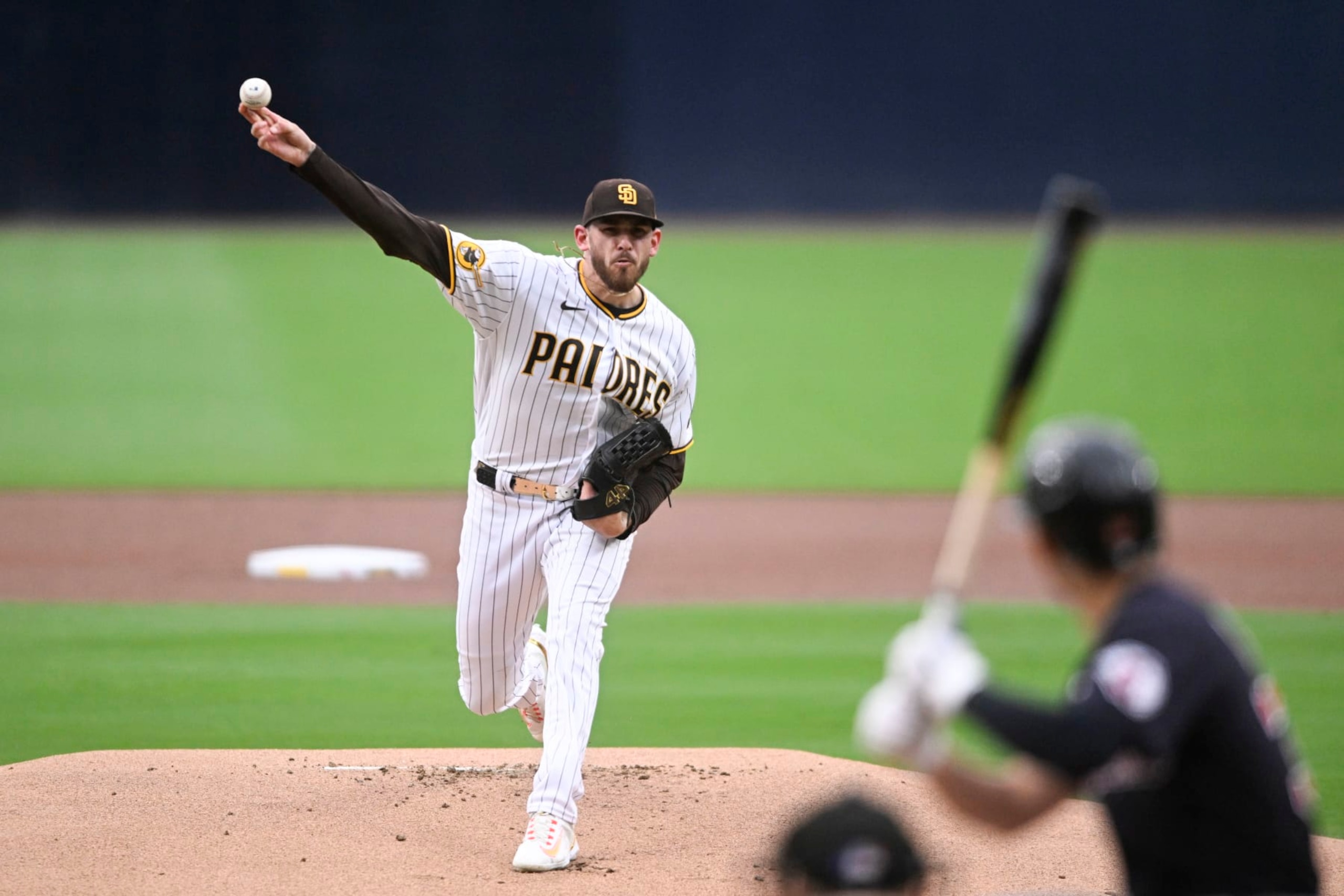 SAN DIEGO, CA - JUNE 13: Joe Musgrove #44 of the San Diego Padres pitches in the first inning against the Cleveland Guardians June 13, 2023 at Petco Park in San Diego, California. (Photo by Denis Poroy/Getty Images)