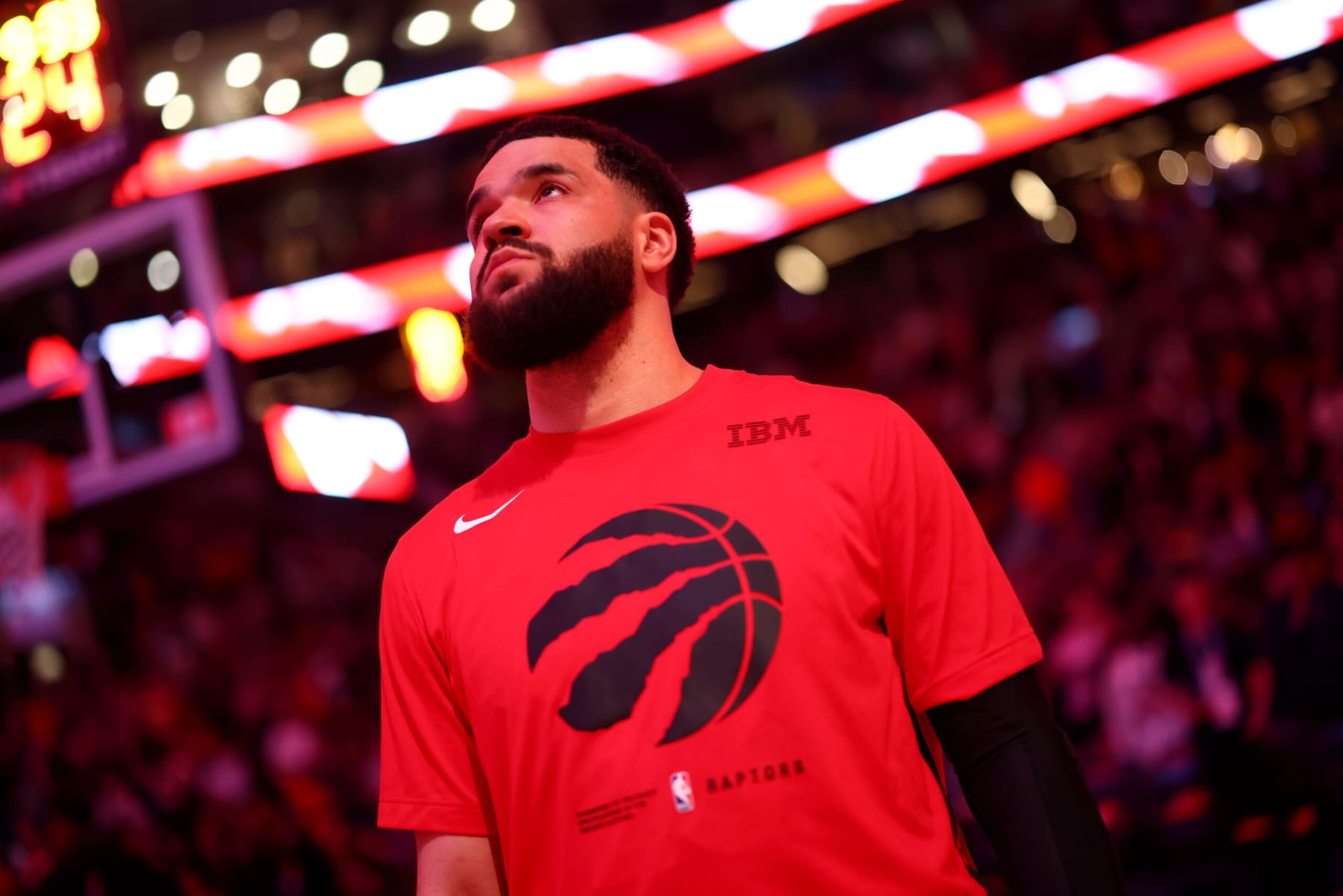 TORONTO, CANADA - APRIL 12: Fred VanVleet #23 of the Toronto Raptors stands for the national anthem before the game against the Chicago Bulls during the 2023 Play-In Tournament on April 12, 2023 at the Scotiabank Arena in Toronto, Ontario, Canada.  NOTE TO USER: User expressly acknowledges and agrees that, by downloading and or using this Photograph, user is consenting to the terms and conditions of the Getty Images License Agreement.  Mandatory Copyright Notice: Copyright 2023 NBAE (Photo by Vaughn Ridley/NBAE via Getty Images)