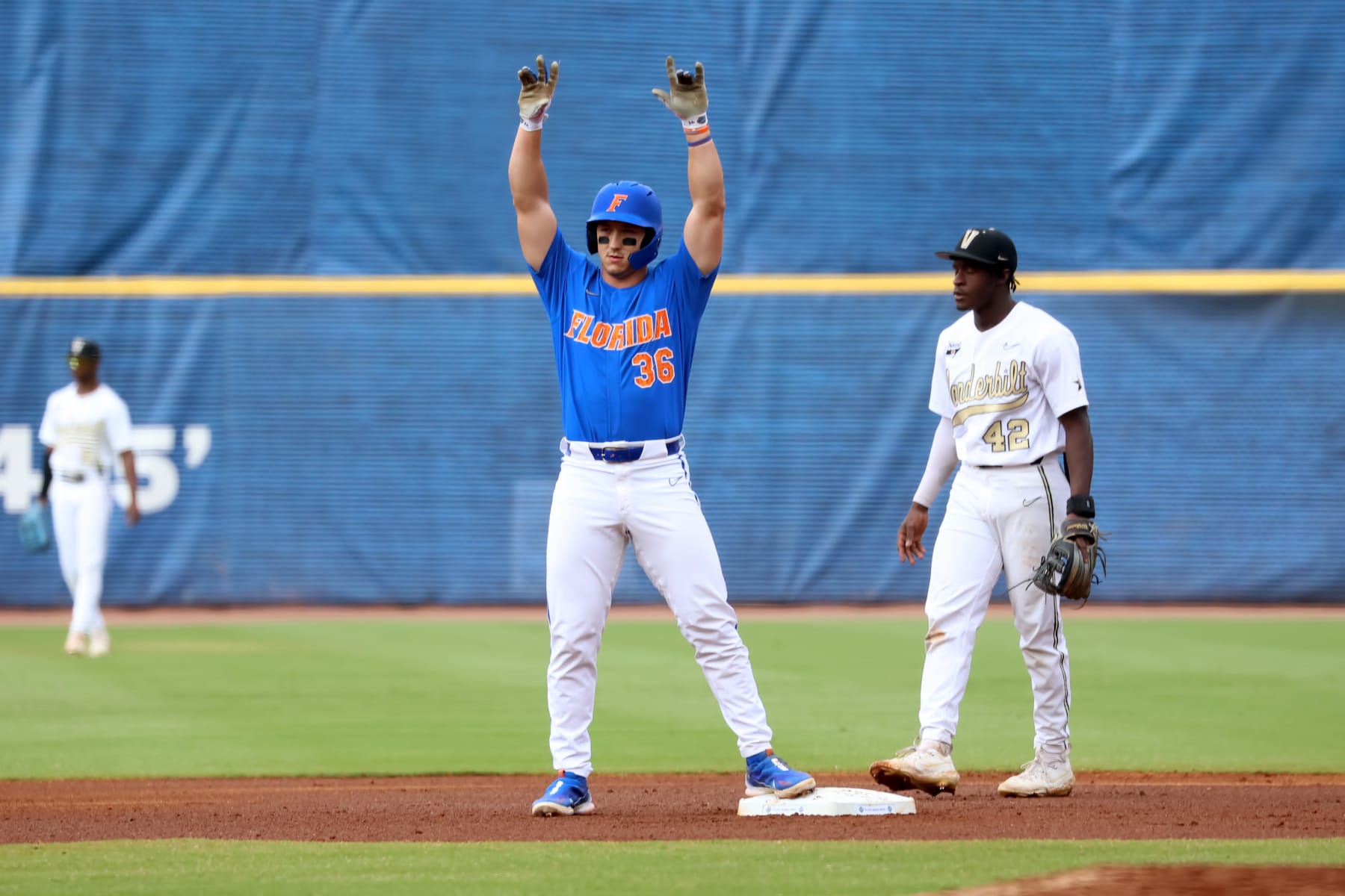 HOOVER, AL - MAY 27: Florida Gators utility Wyatt Langford (36) celebrates his first inning double during the 2023 SEC Baseball Tournament game between the Florida Gators and the Vanderbilt Commodores on May 27, 2023 at Hoover Metropolitan Stadium in Hoover, Alabama.  (Photo by Michael Wade/Icon Sportswire via Getty Images)