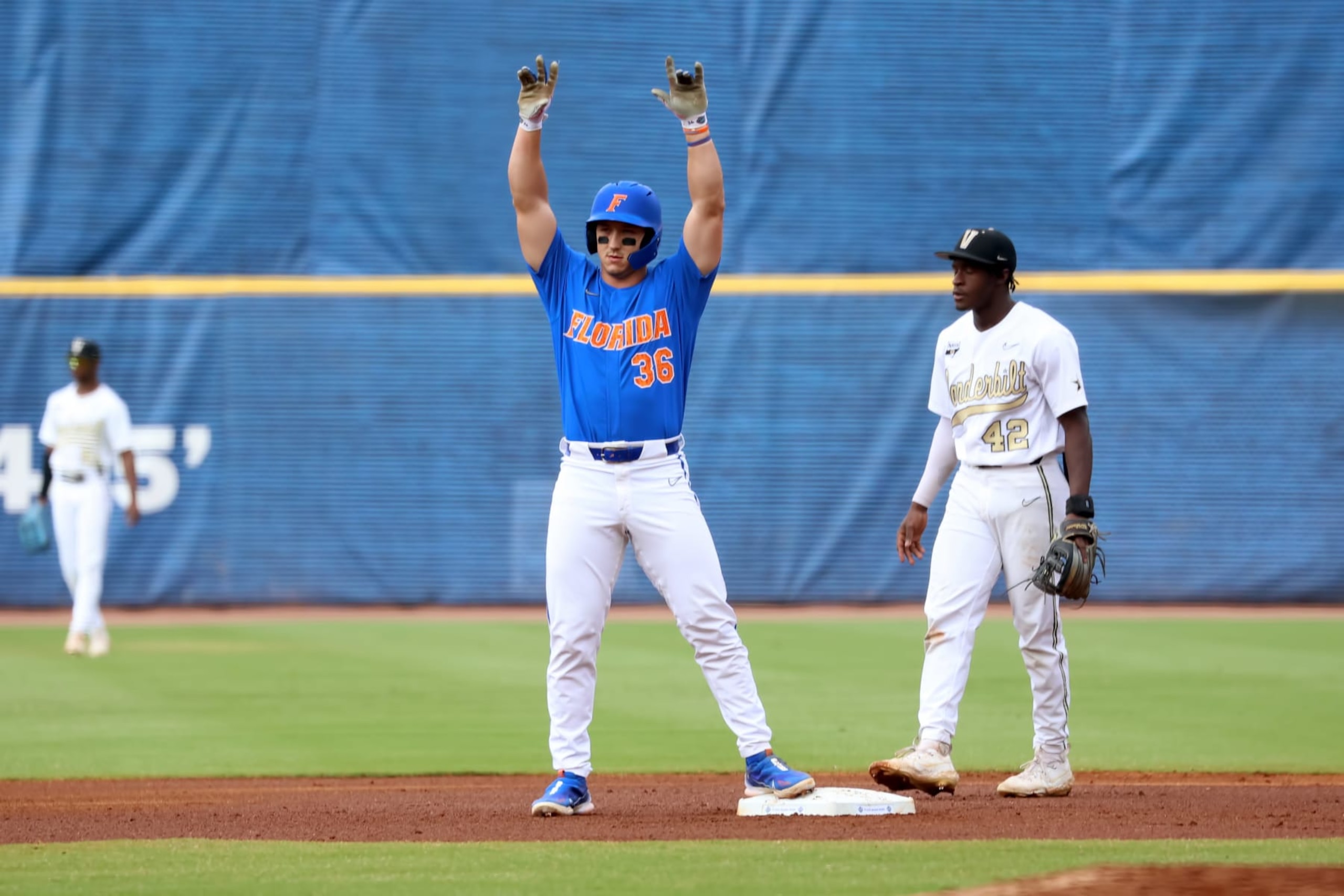 HOOVER, AL - MAY 27: Florida Gators utility Wyatt Langford (36) celebrates his first inning double during the 2023 SEC Baseball Tournament game between the Florida Gators and the Vanderbilt Commodores on May 27, 2023 at Hoover Metropolitan Stadium in Hoover, Alabama.  (Photo by Michael Wade/Icon Sportswire via Getty Images)